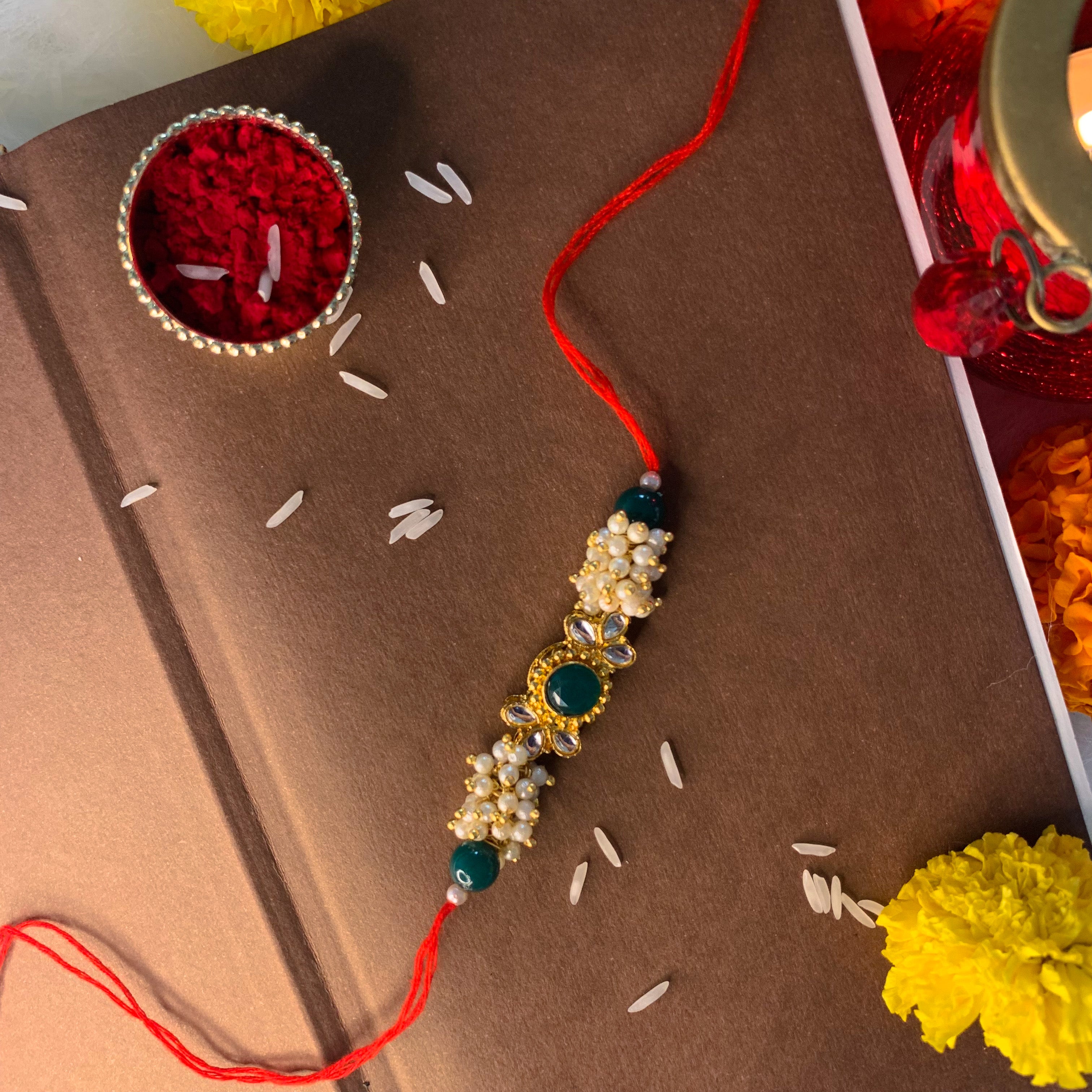 Beads Pearls And CZ Rakhi with Roli chawal