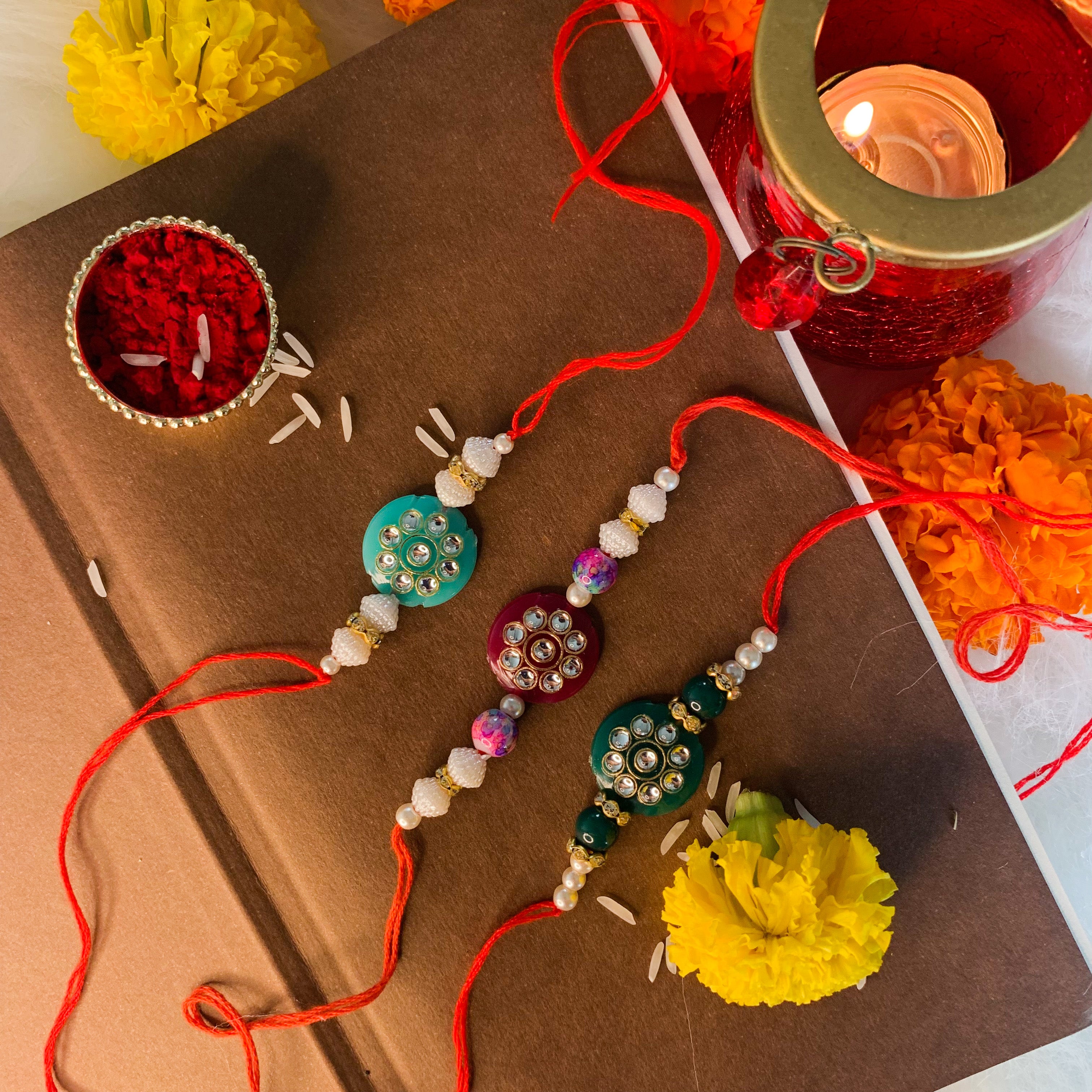 18k Gold Plated Pearl Combo Rakhi for Men/Brother (Pack of 3)