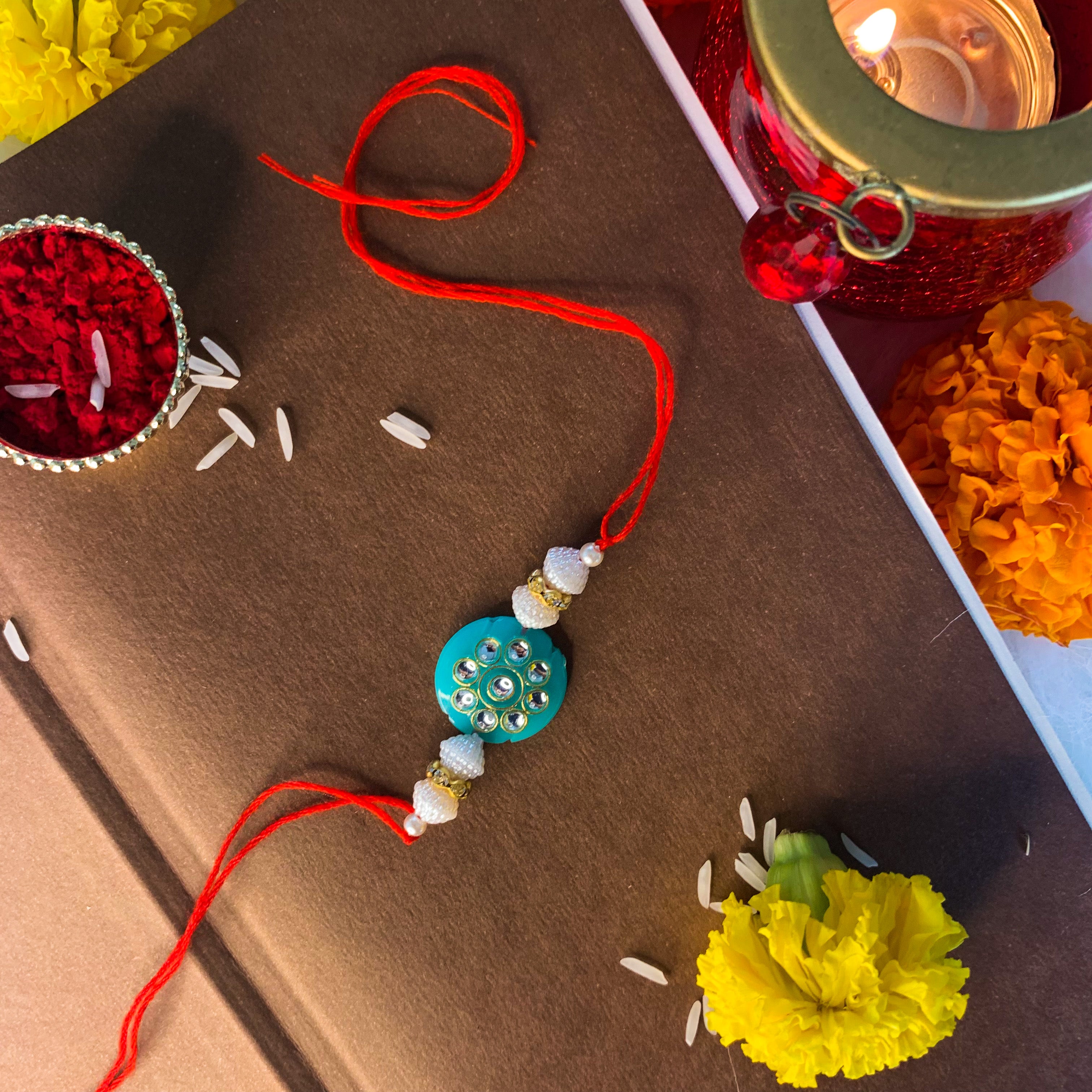 Gold Plated Ethnic Designer Pearl Kundan Rakhi Bracelet for Brother/Men
