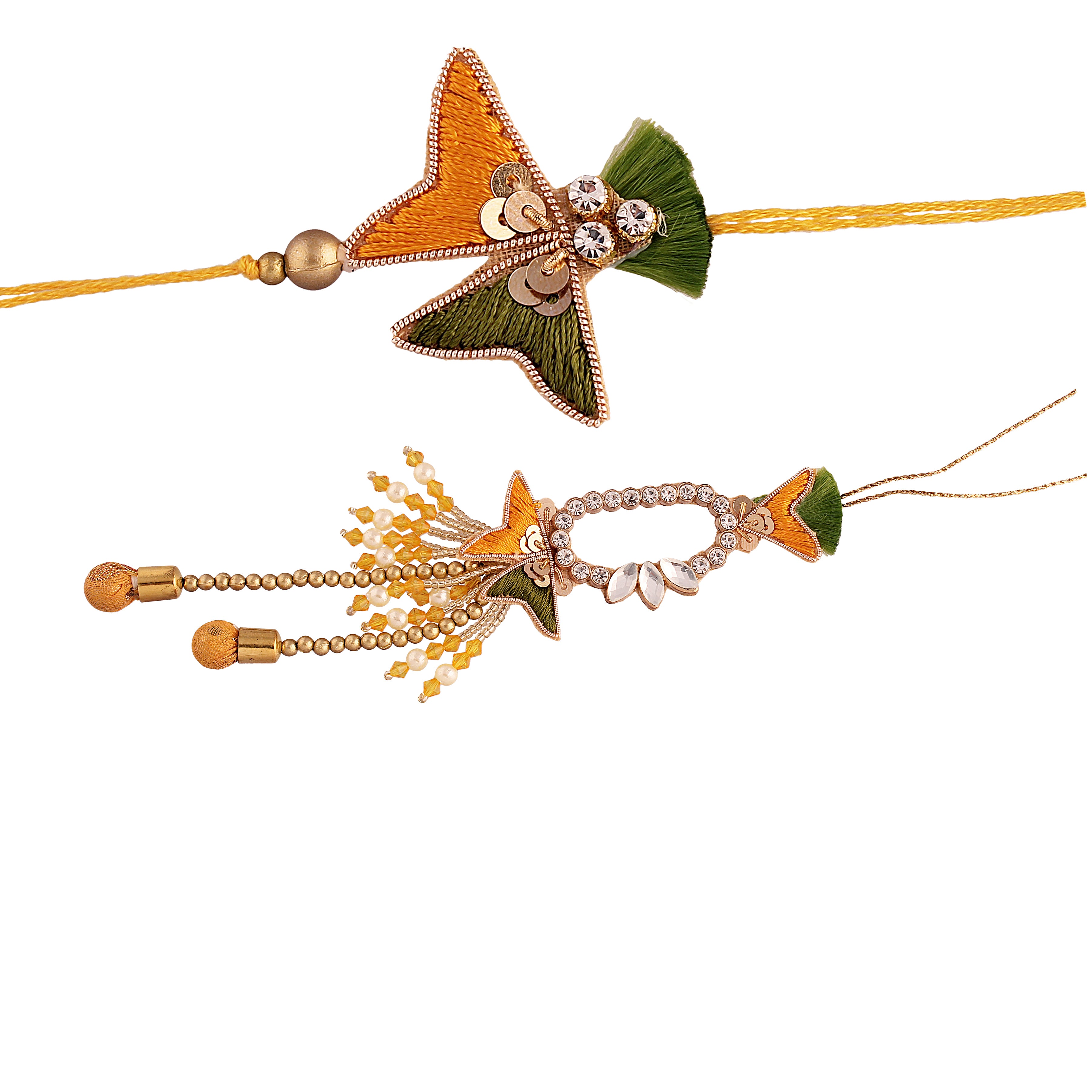Yellow Green Pearl Bead Bhaiya Bhabhi Rakhi With Roli Chawal