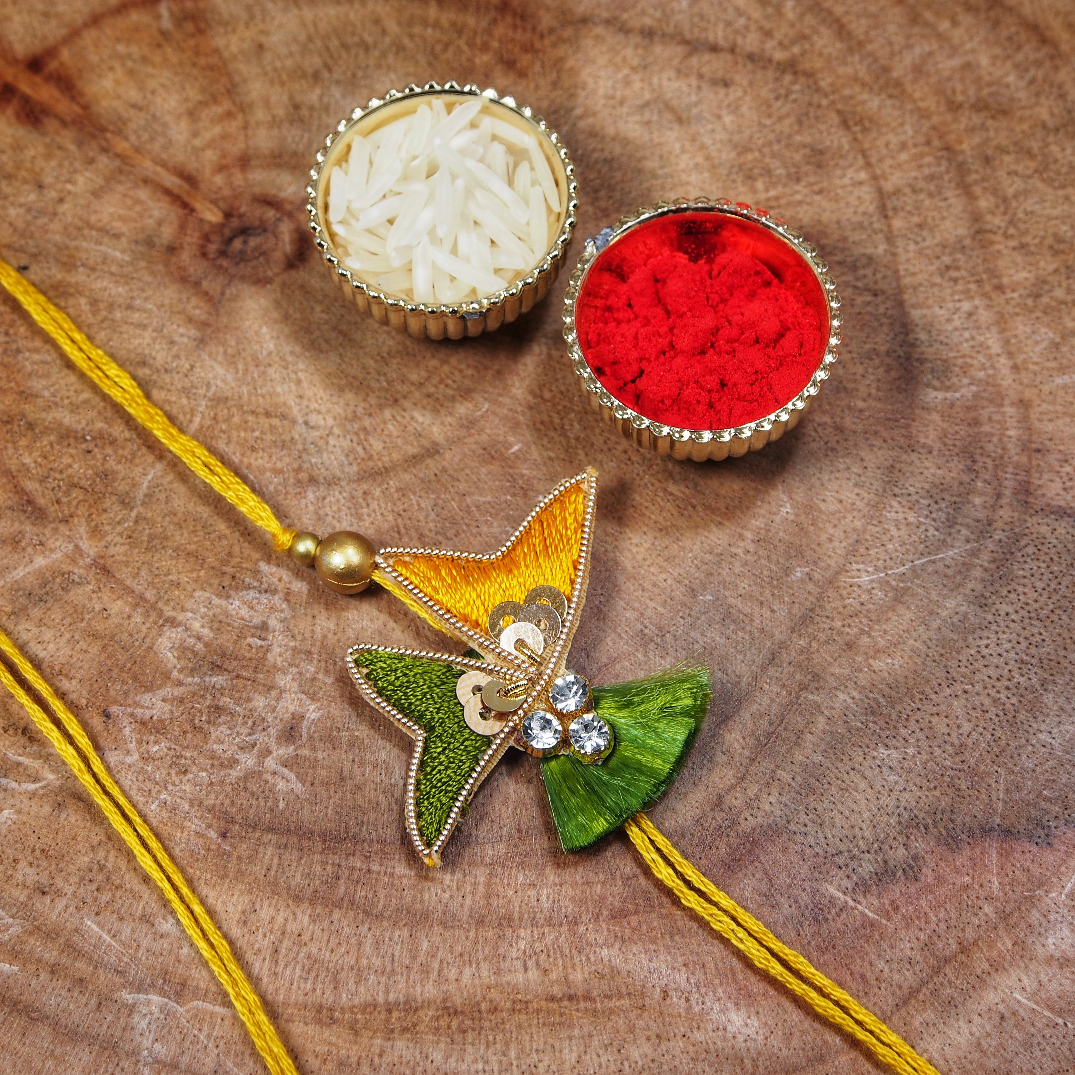 Yellow Green Pearl Bead Bhaiya Bhabhi Rakhi With Roli Chawal