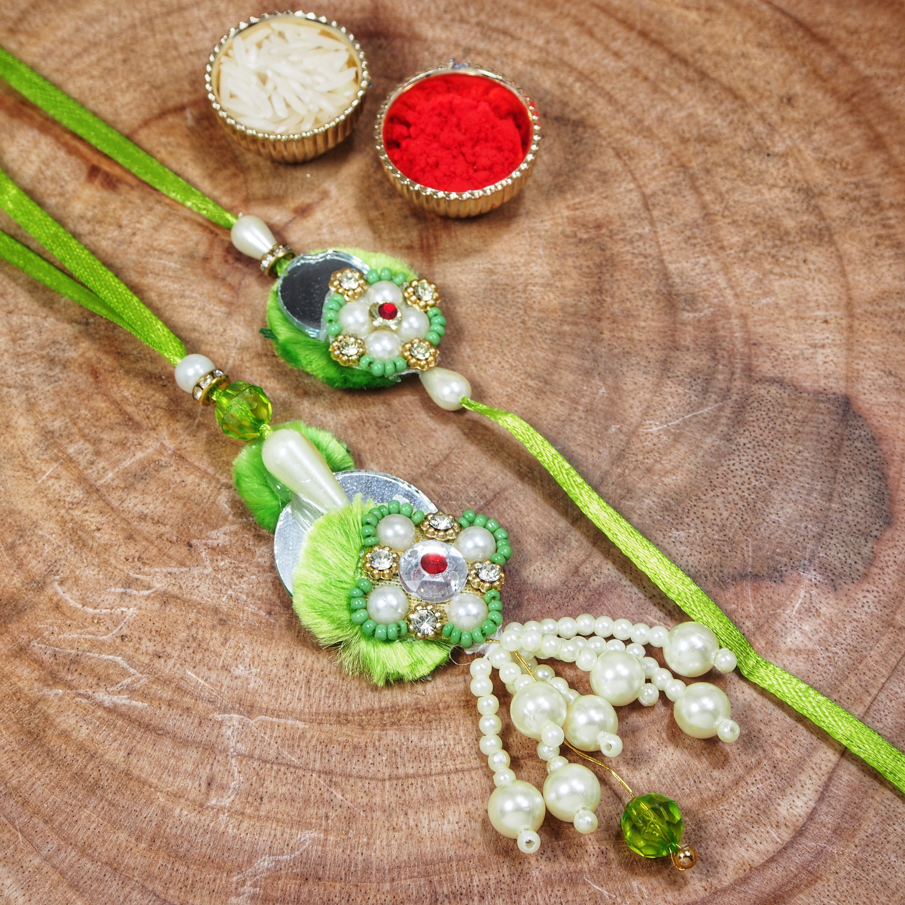 Green and White Pearl Bead Bhaiya Bhabhi Rakhi with roli chawal