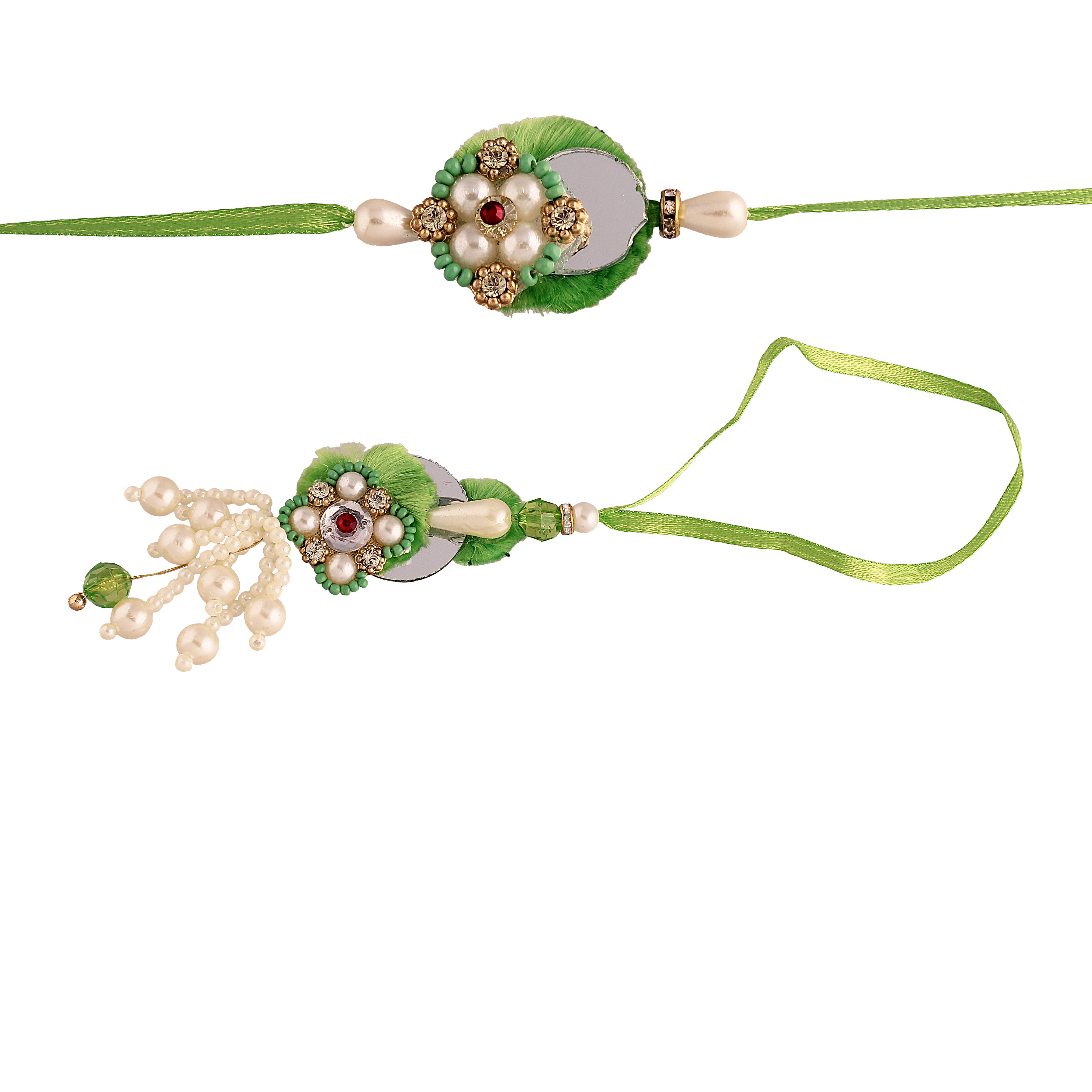 Green and White Pearl Bead Bhaiya Bhabhi Rakhi with roli chawal