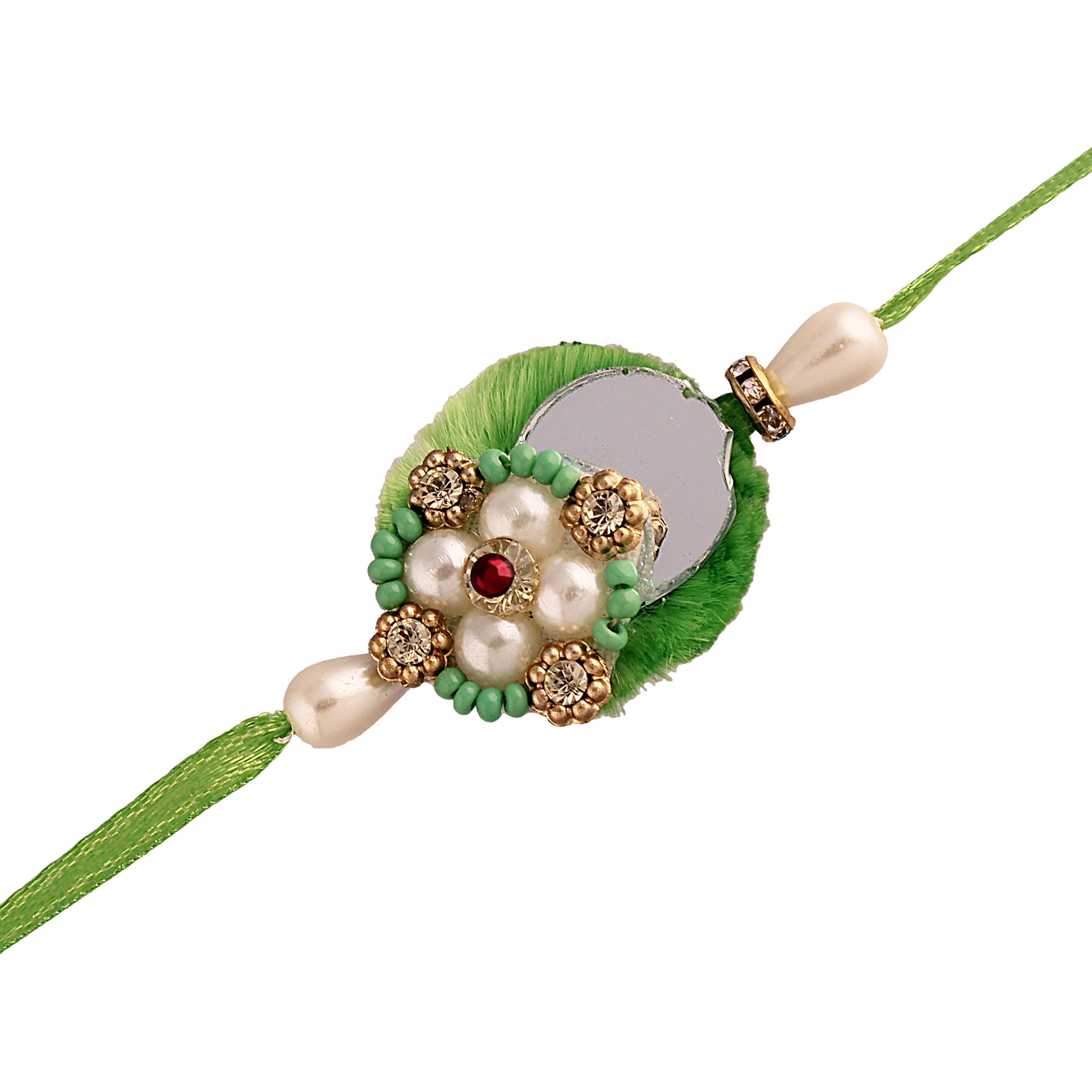 Green and White Pearl Bead Bhaiya Bhabhi Rakhi with roli chawal
