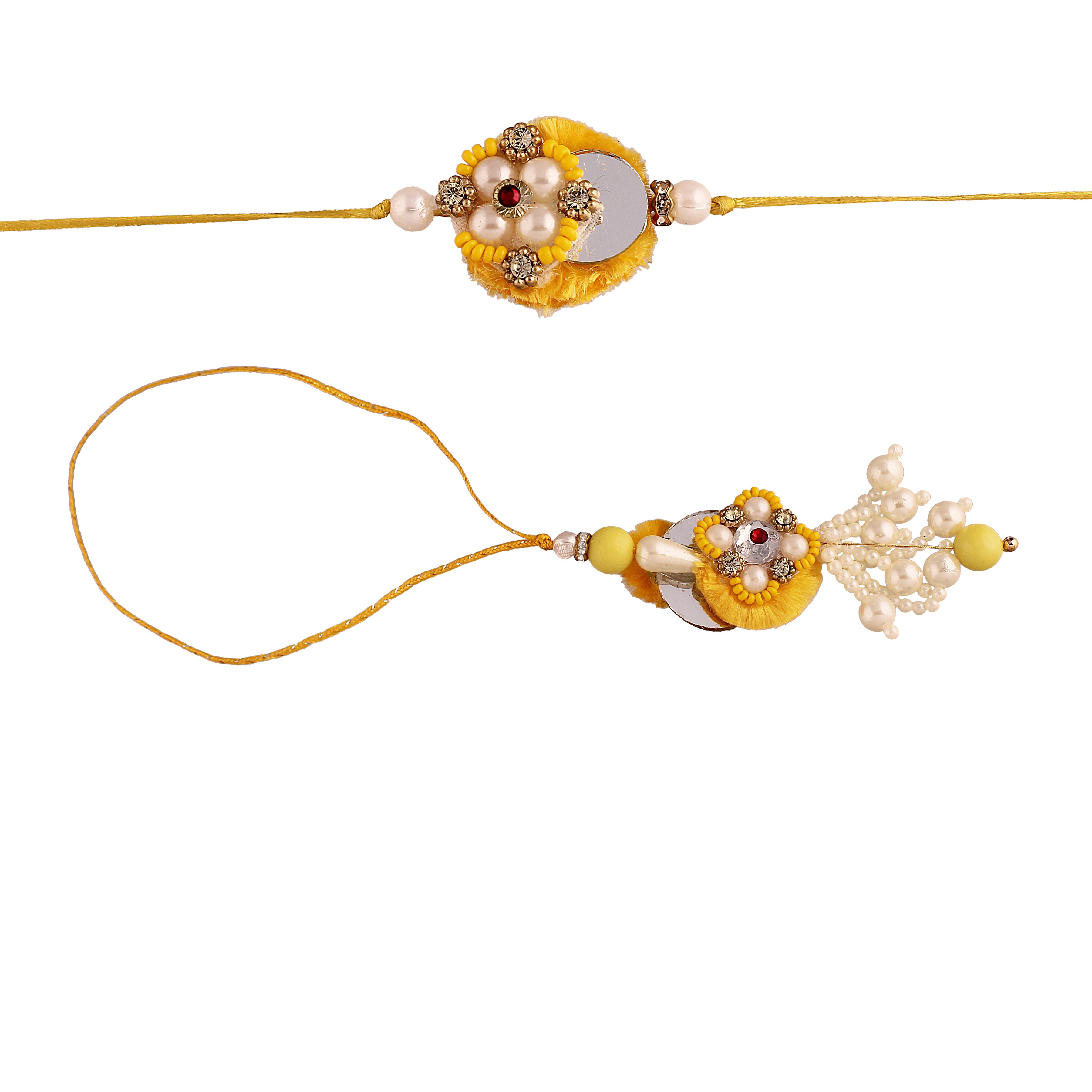 Yellow White Pearl Bead Bhaiya Bhabhi Rakhi With Roli and Chawal