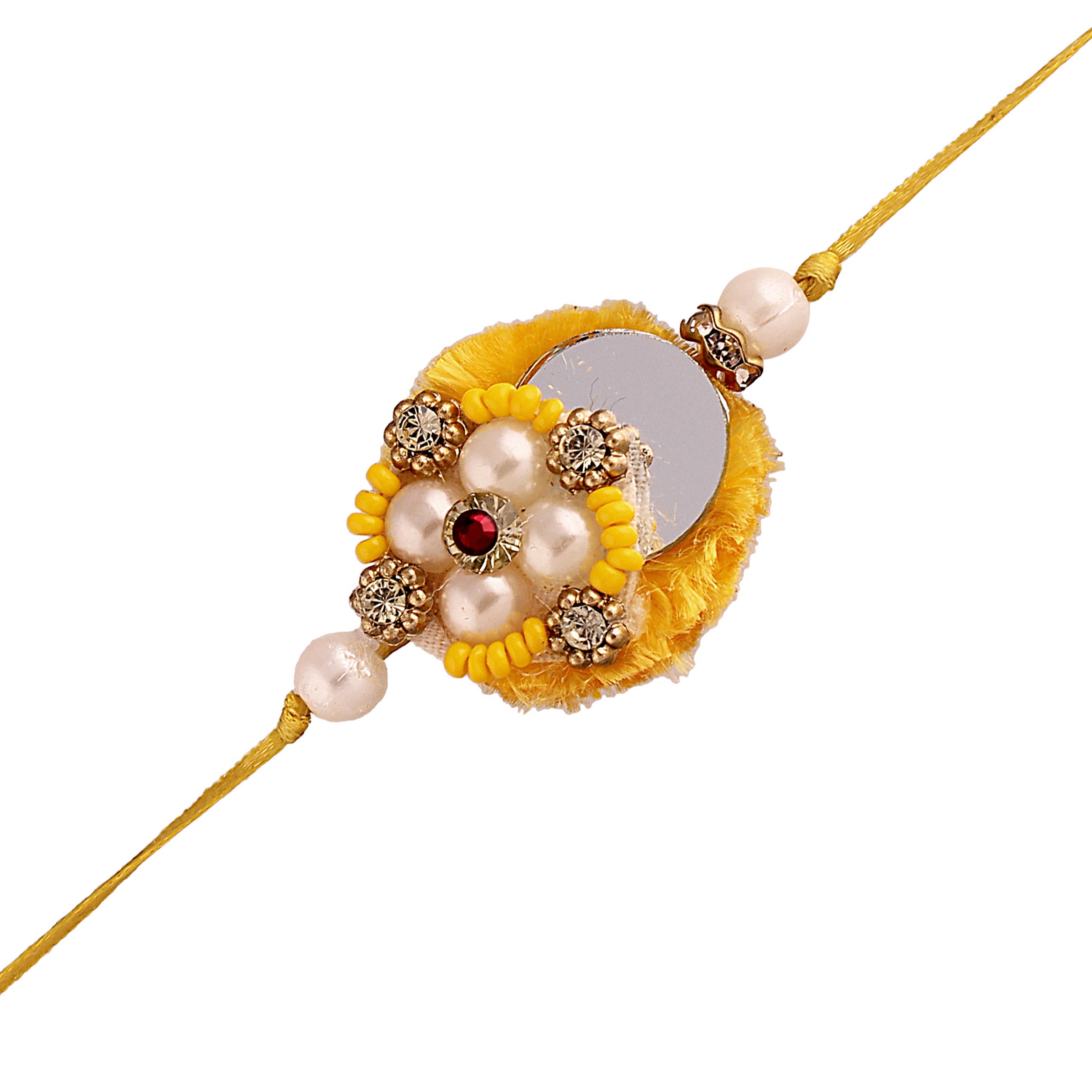 Yellow White Pearl Bead Bhaiya Bhabhi Rakhi With Roli and Chawal