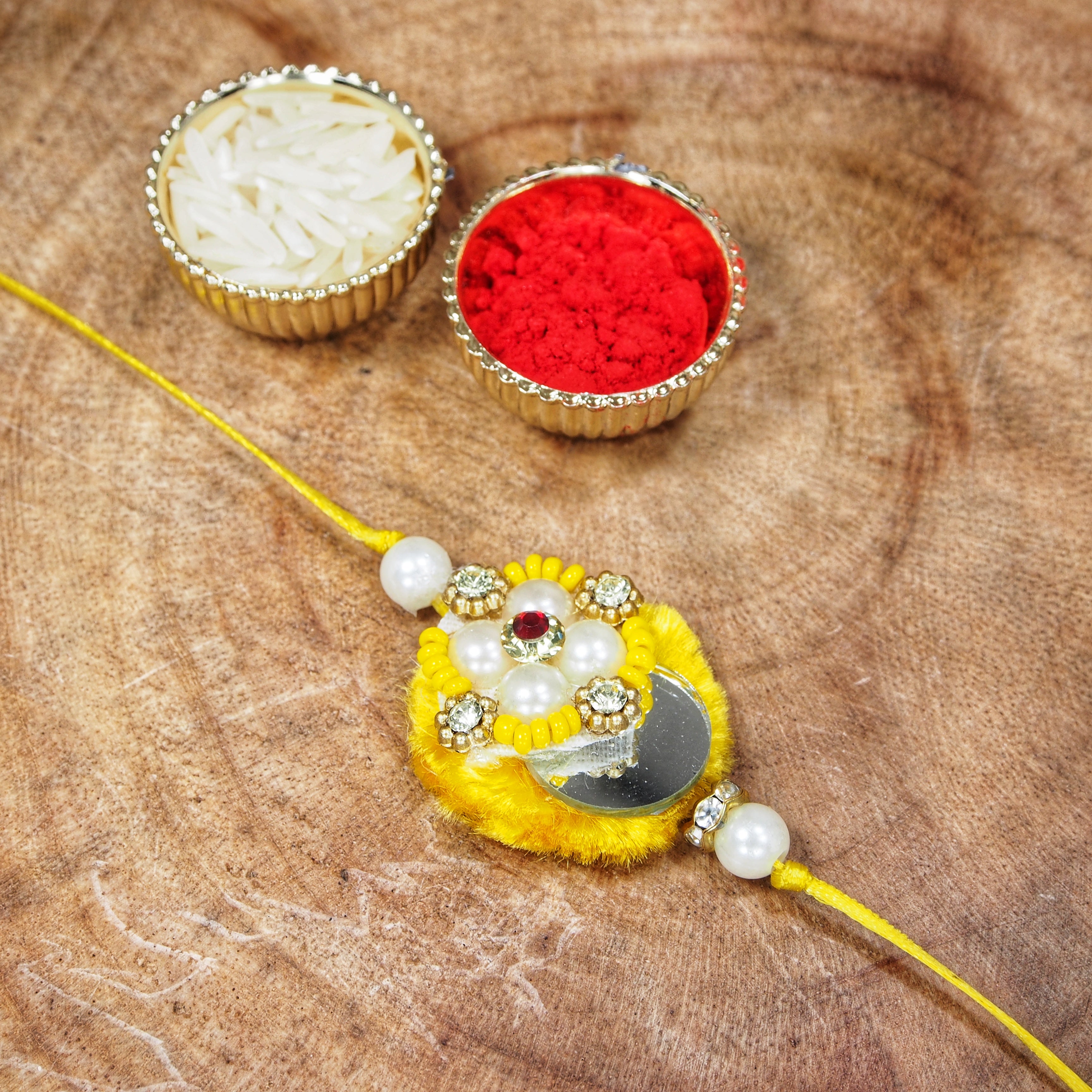 Yellow White Pearl Bead Bhaiya Bhabhi Rakhi With Roli and Chawal
