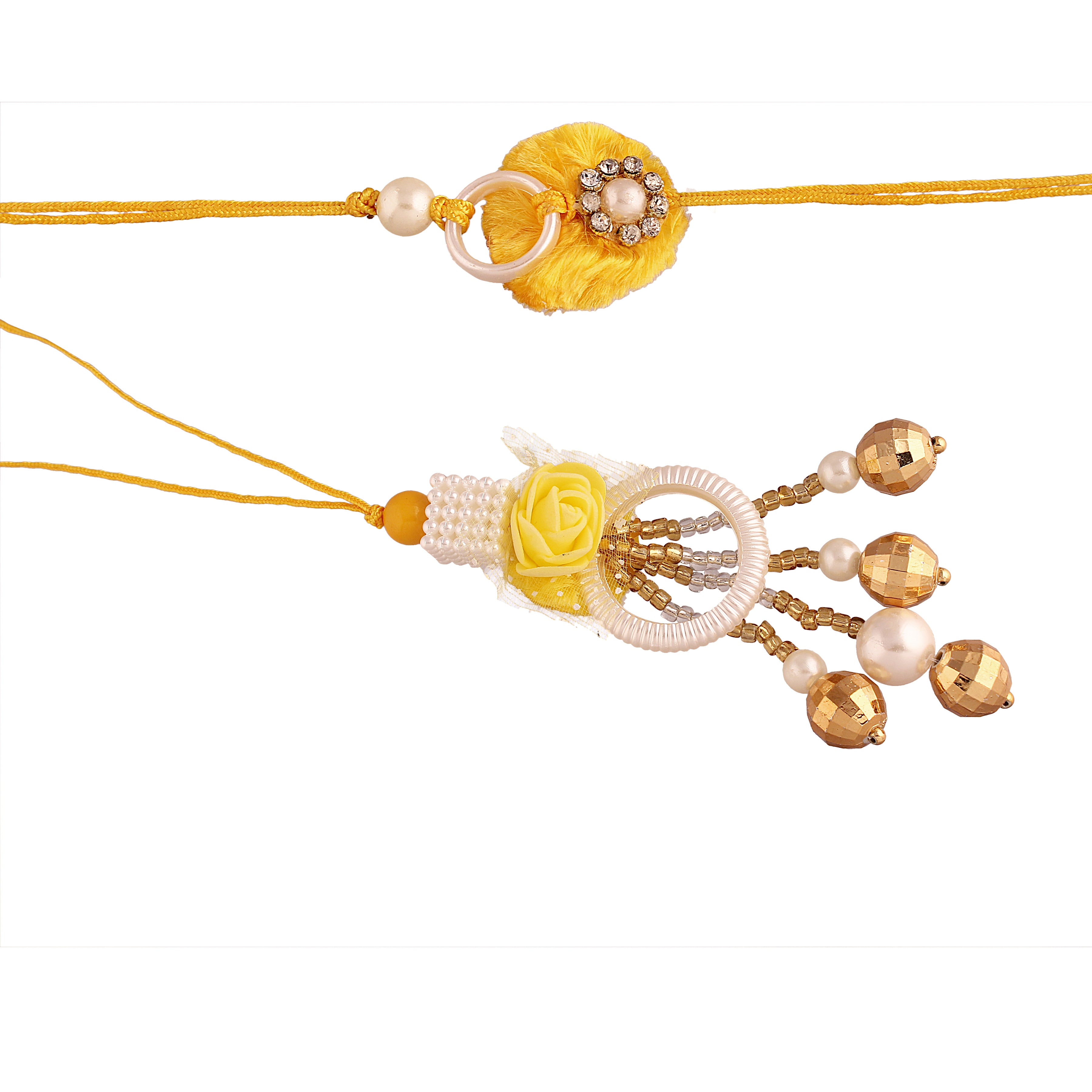 Yellow Pearl Bead Bhaiya Bhabhi Rakhi With Roli chawal