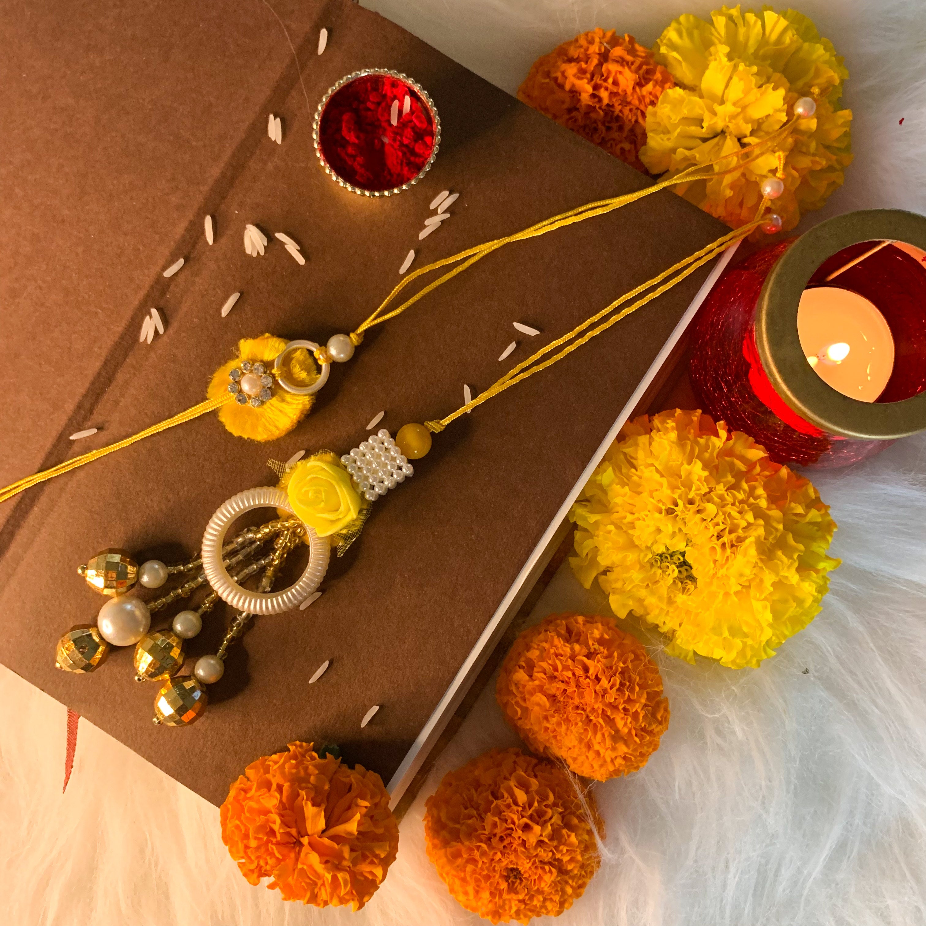 Yellow Pearl Bead Bhaiya Bhabhi Rakhi With Roli chawal