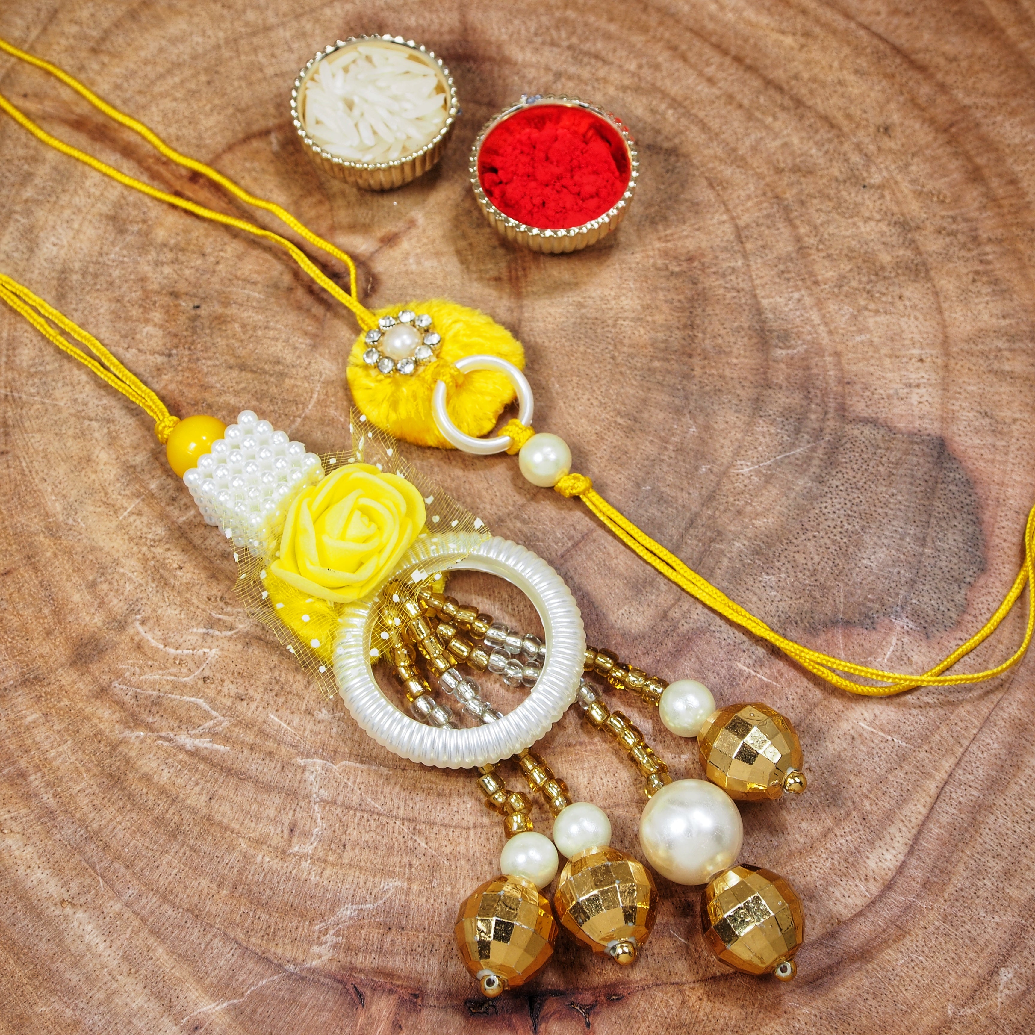 Yellow Green Pearl Bead Bhaiya Bhabhi Rakhi With Roli chawal
