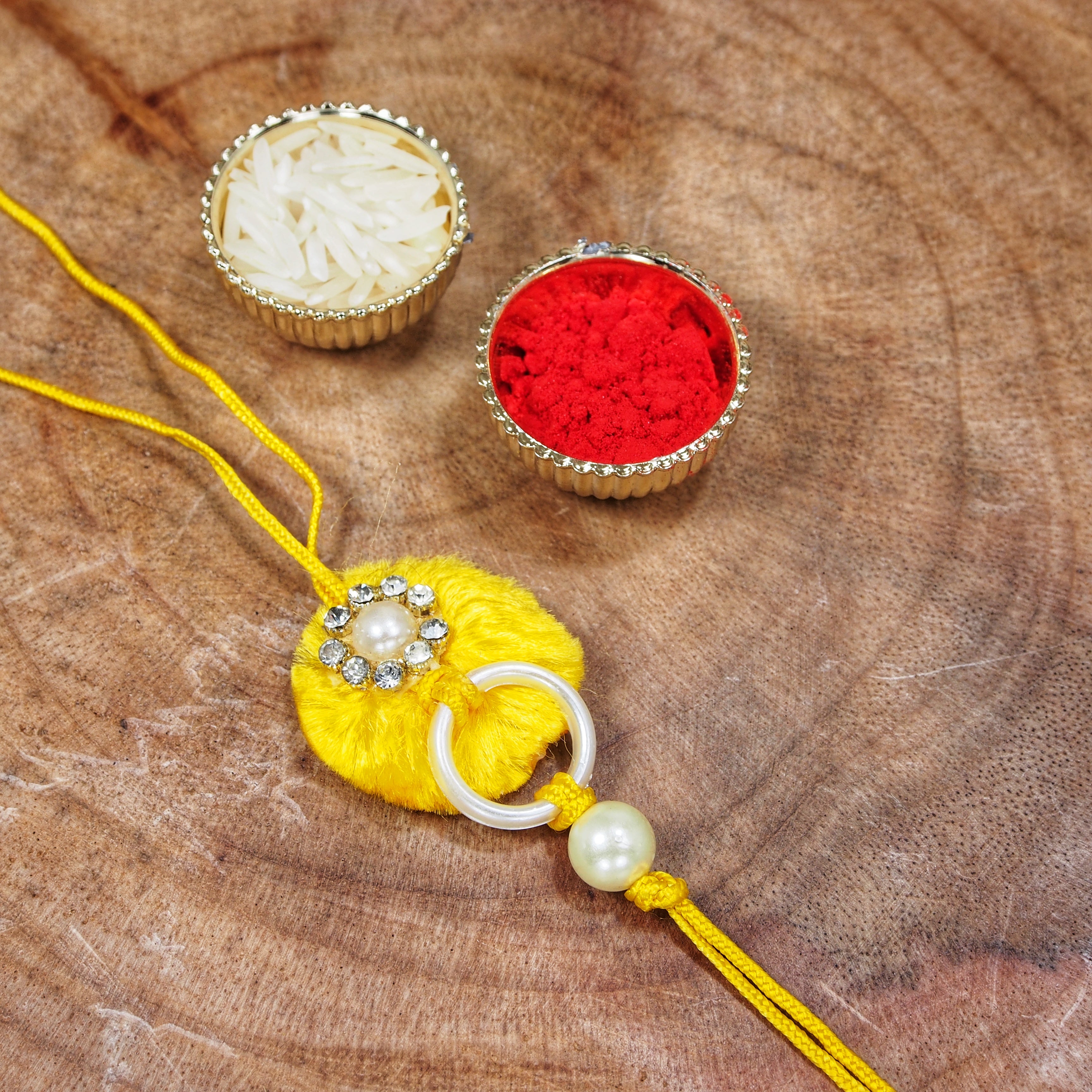 Yellow Pearl Bead Bhaiya Bhabhi Rakhi With Roli chawal
