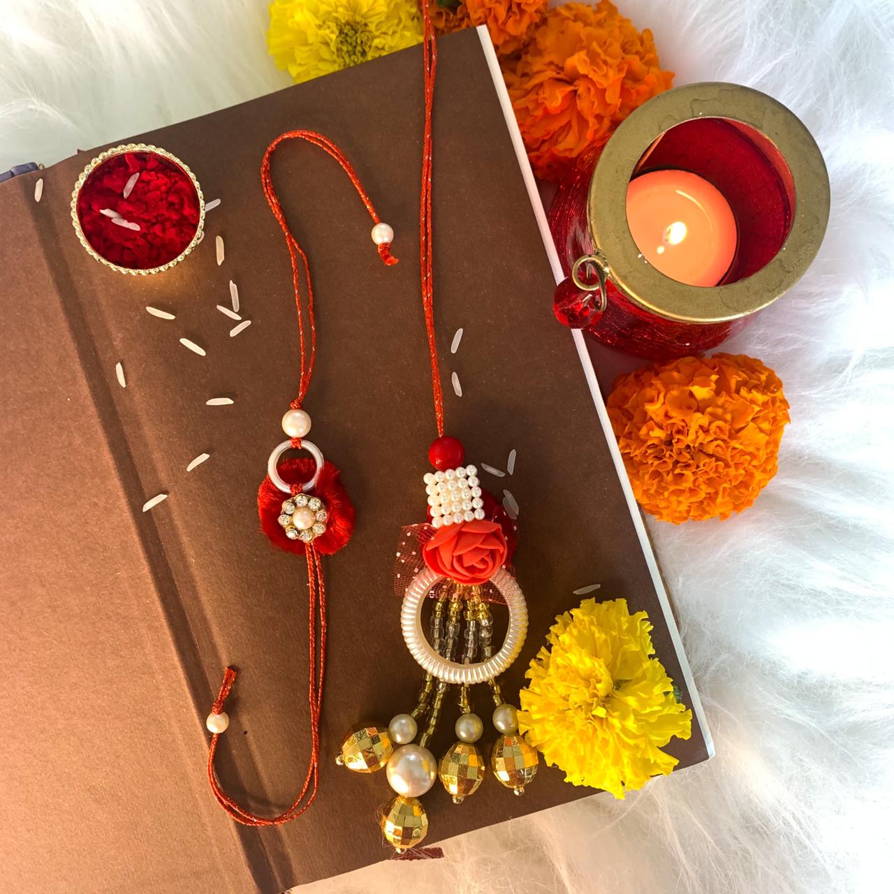 Red Flower Pearl Rakhi Bhaiya Bhabhi With Roli Chawal