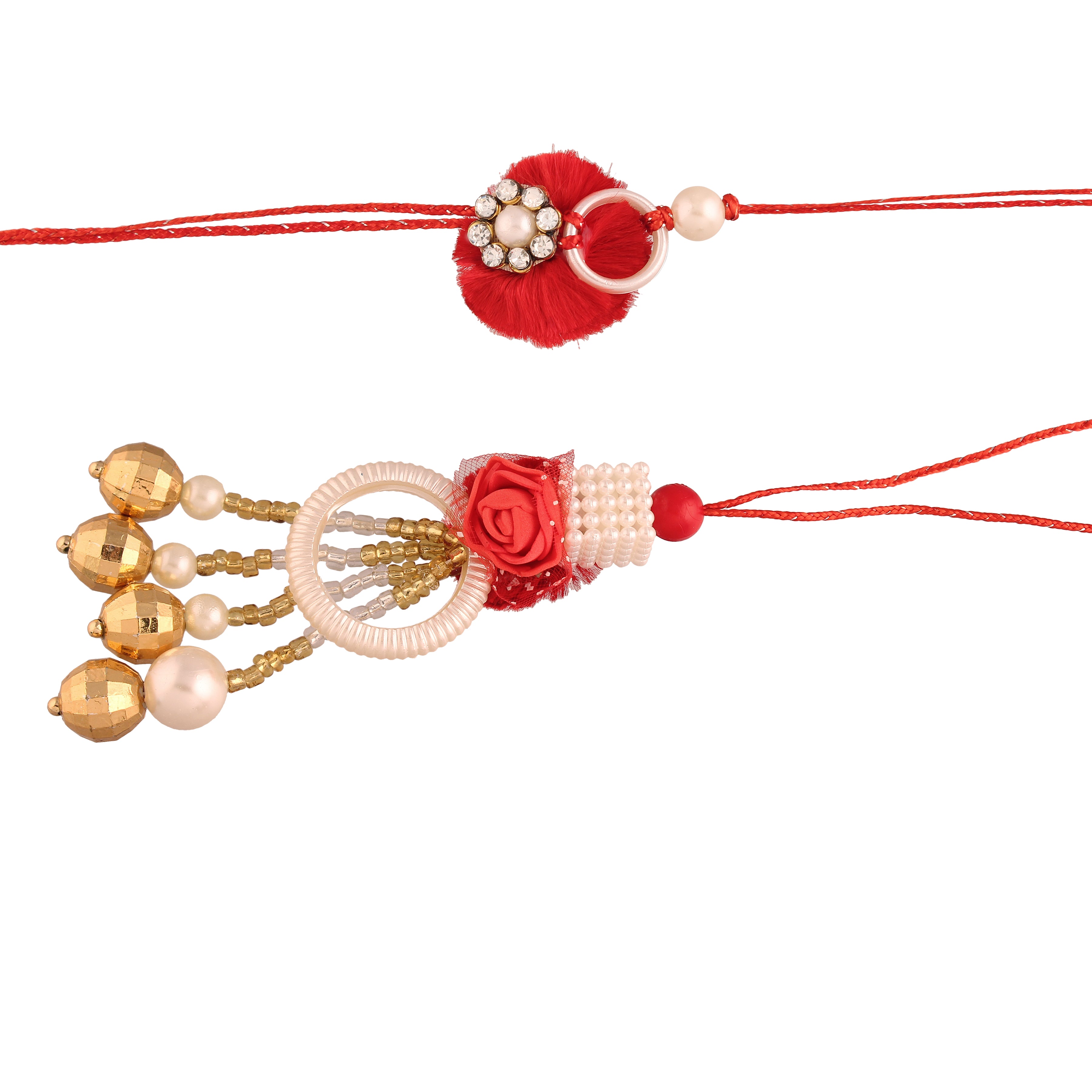 Red Flower Pearl Rakhi Bhaiya Bhabhi With Roli Chawal