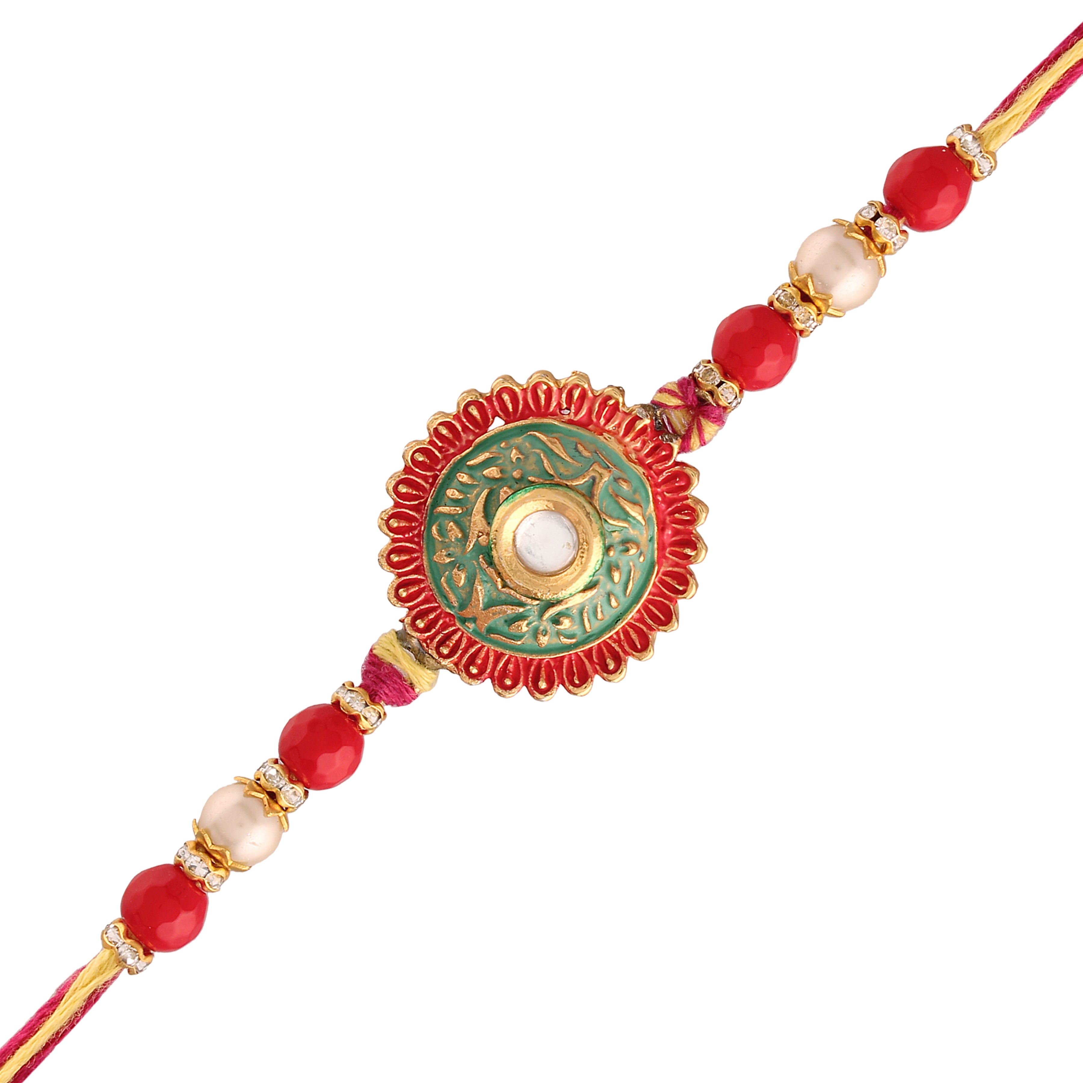 Gold Plated Meenakari Pearl Rakhi Bracelet for Brother/Men