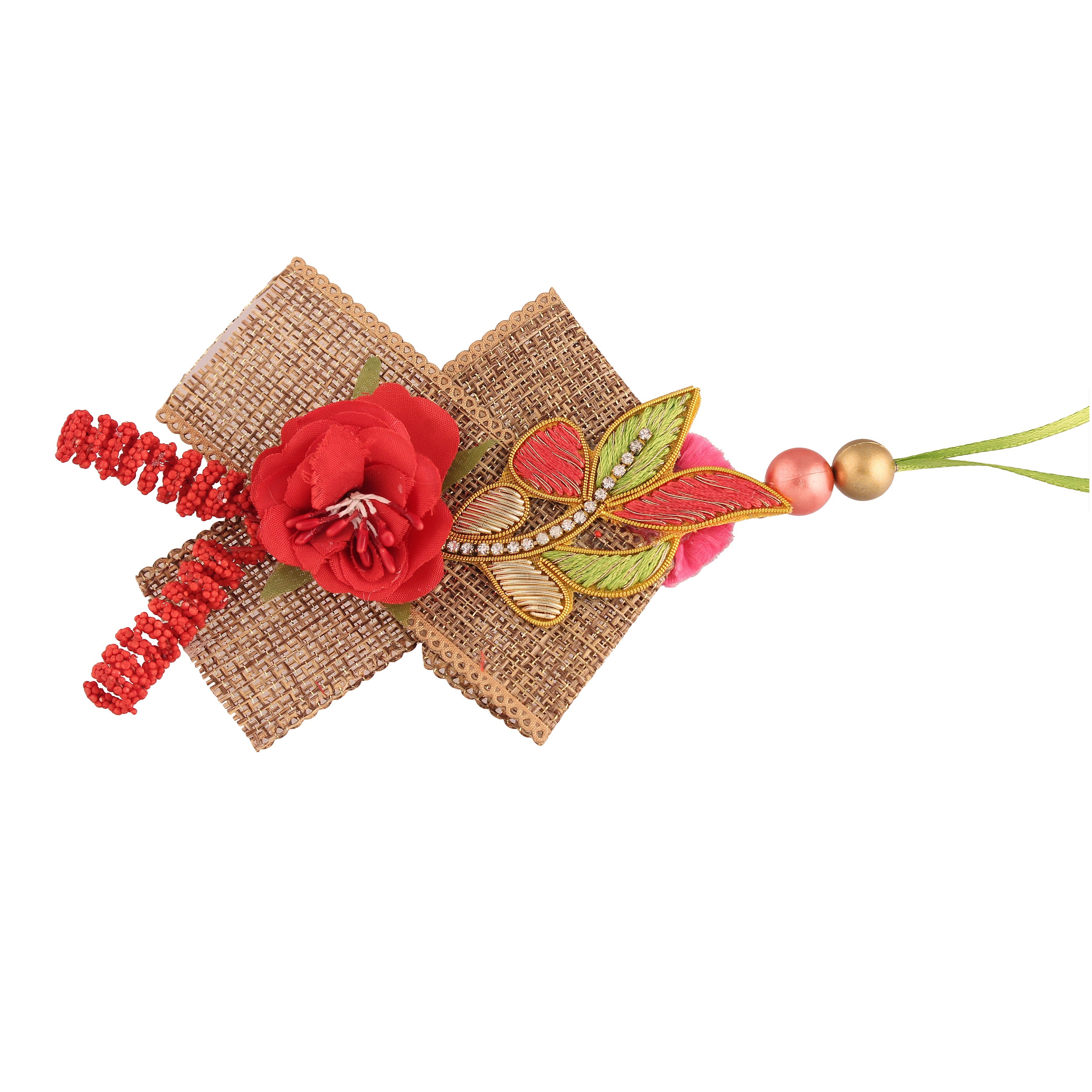 Red Green Pearl Flower Shaped Bhaiya Bhabhi Rakhi With Roli Chawal