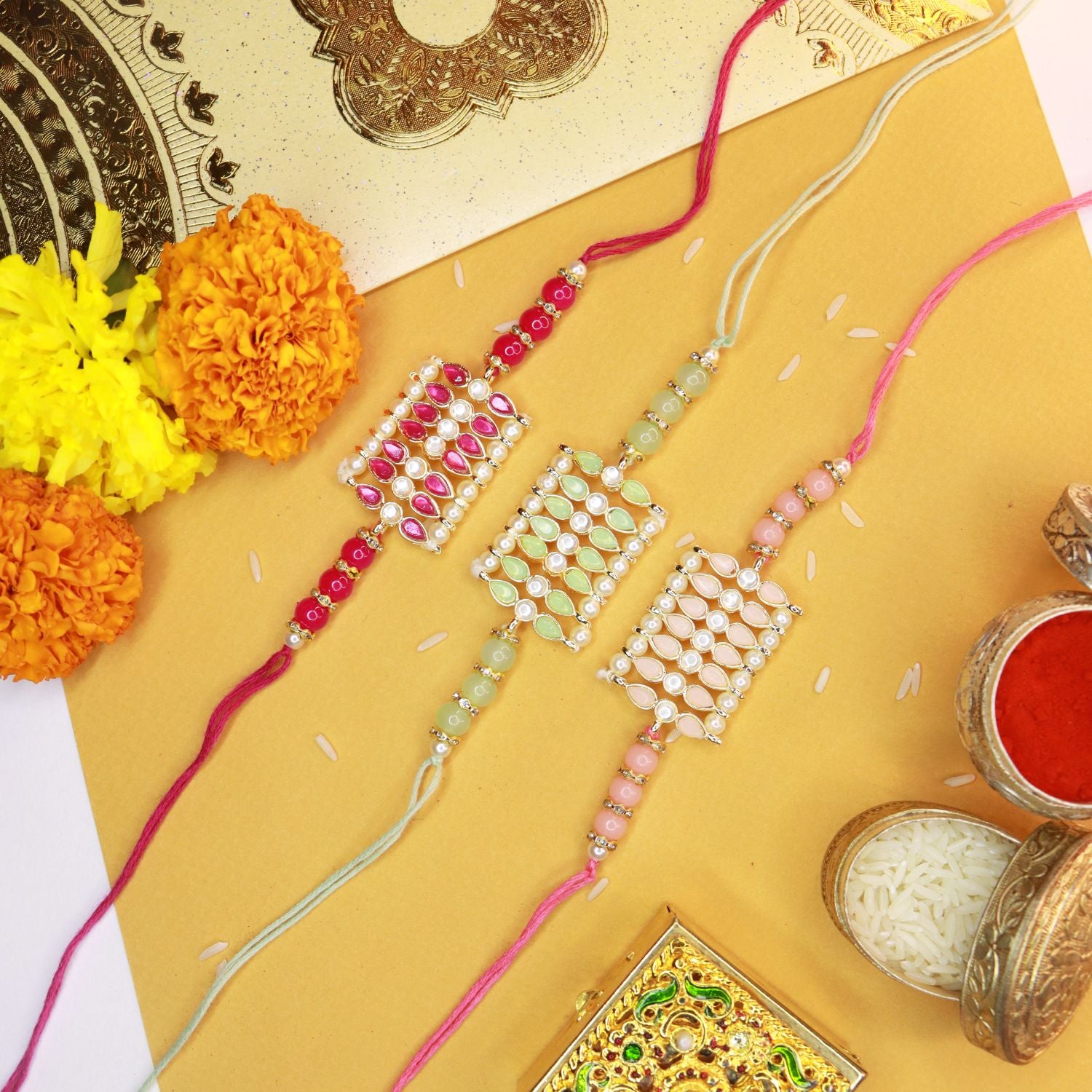 Designer Pearl Beads Studded Rakhi Bracelet for Brother/ Bhaiya