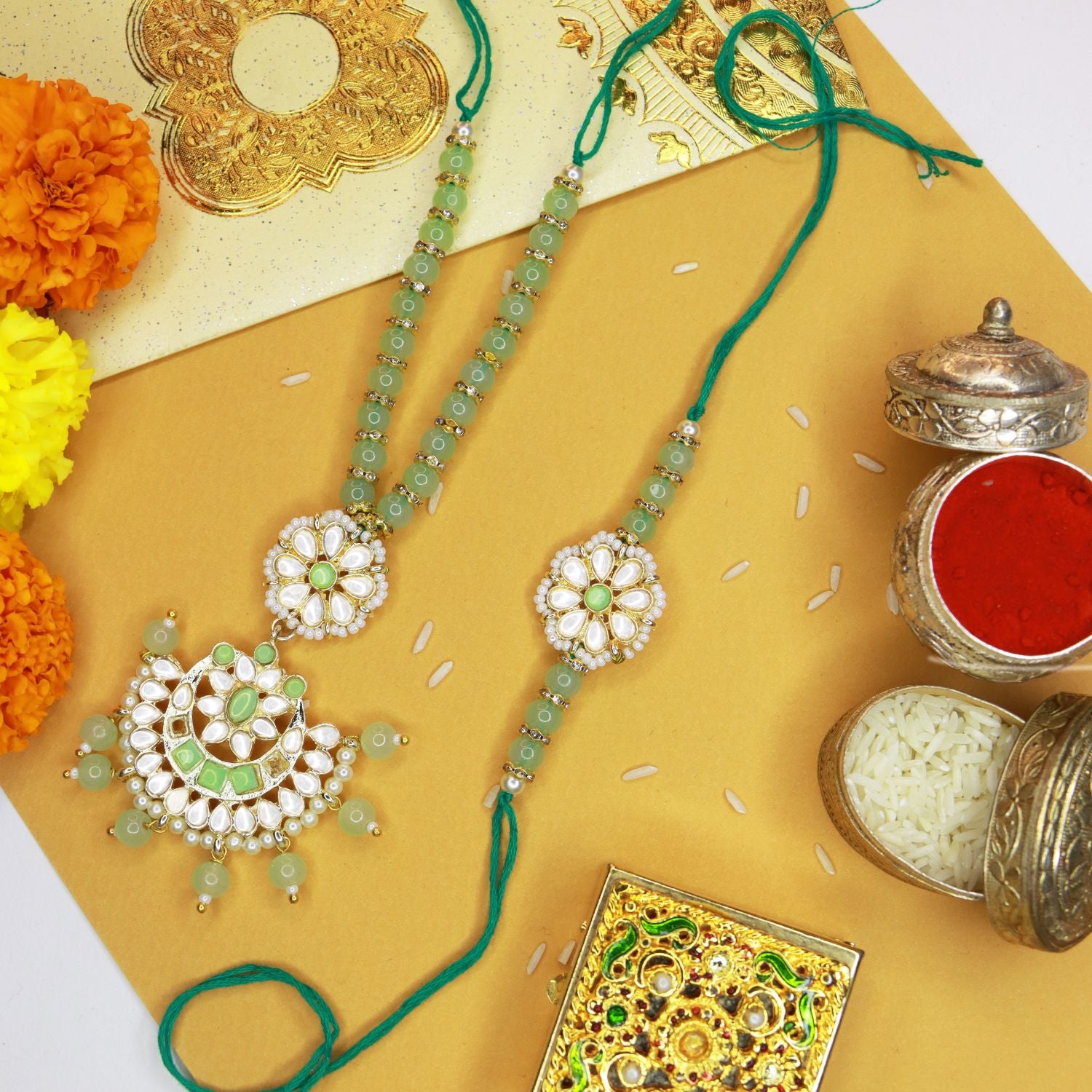 Designer Bhaiya Bhabhi Hanging Lumba & Rakhi Combo Set