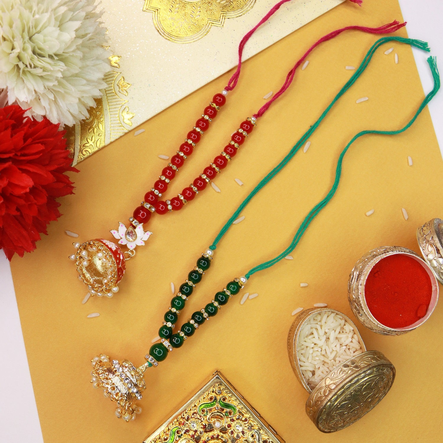 Gold Plated Designer Lumba Kundan Pearl Rakhi For Bhabhi