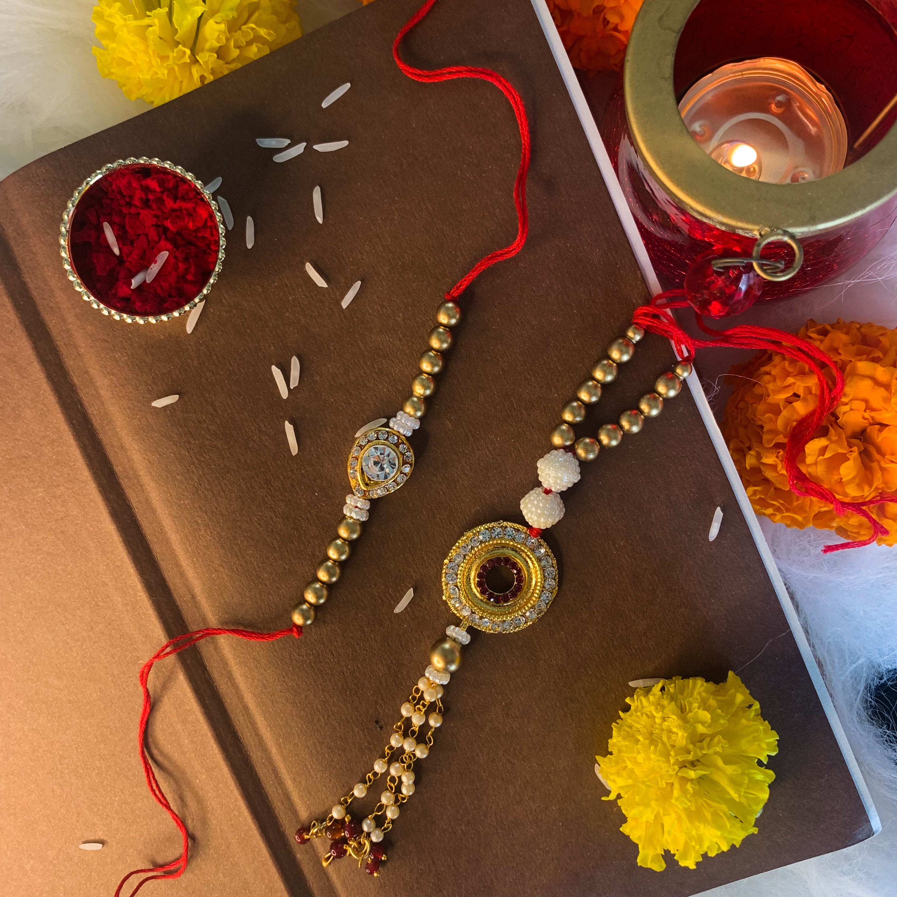 Gold Plated Stone Studded Bhaiya Bhabhi Rakhi Set