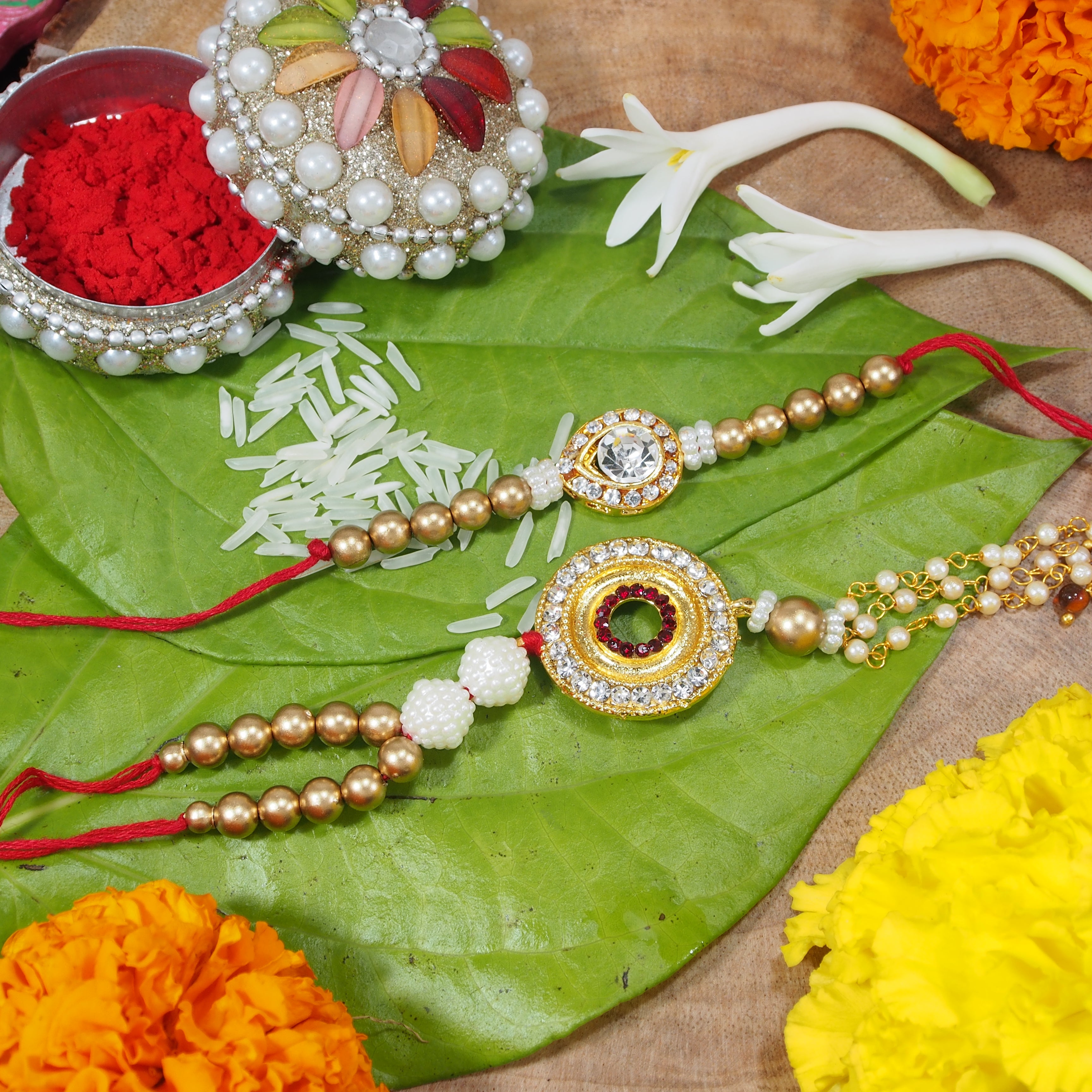 Gold Plated Stone Studded Bhaiya Bhabhi Rakhi Set