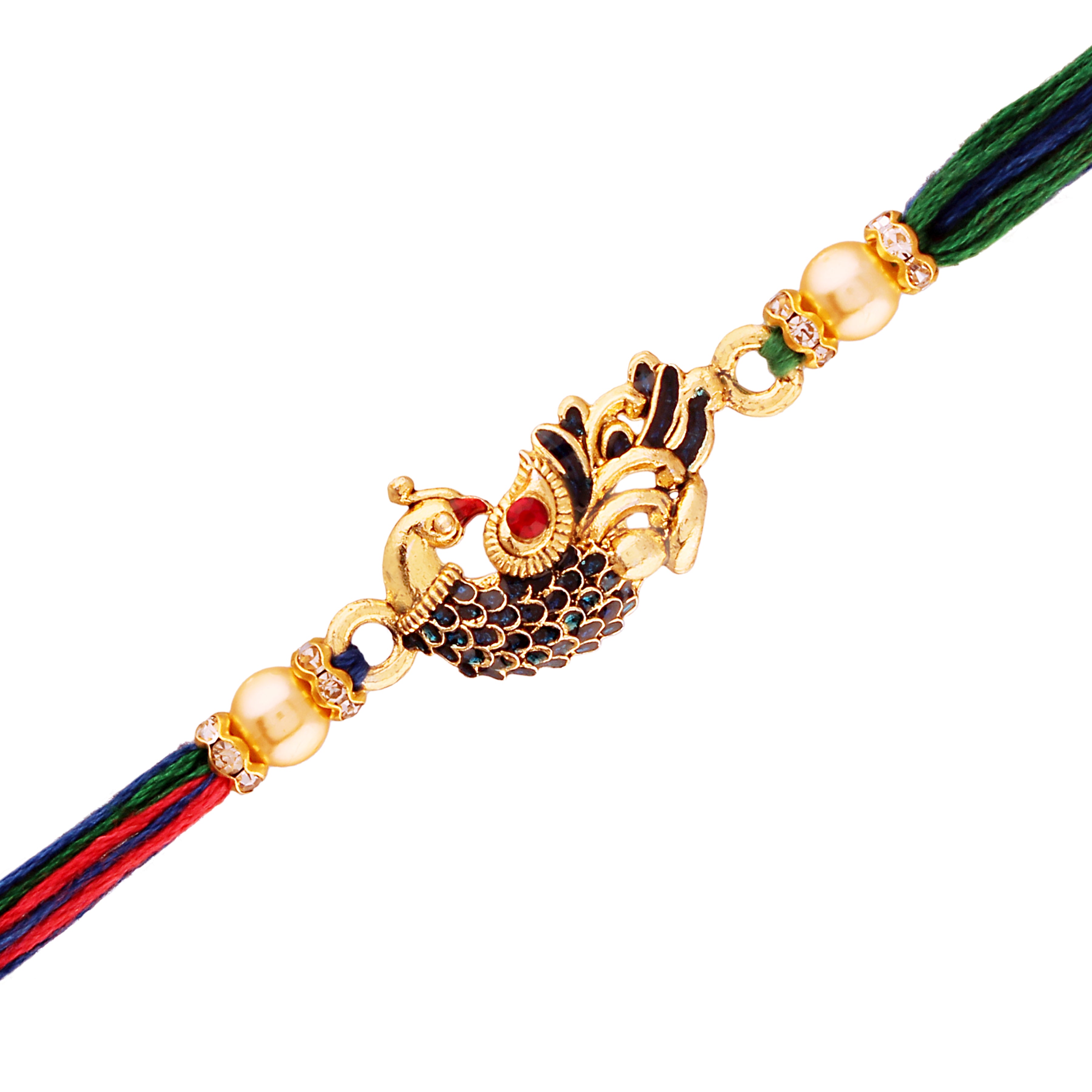 Gold Plated Designer CZ Pearl Multi-Colour Peacock Rakhi Combo For Men/Boys (R702-2) (Pack Of 2)