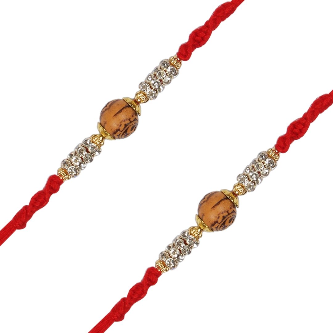 Gold Plated Stone Studded Wooden Rakhi Combo Of 2 For Men/Boys/Bhai/Brother (R961-2) (Pack Of 2)