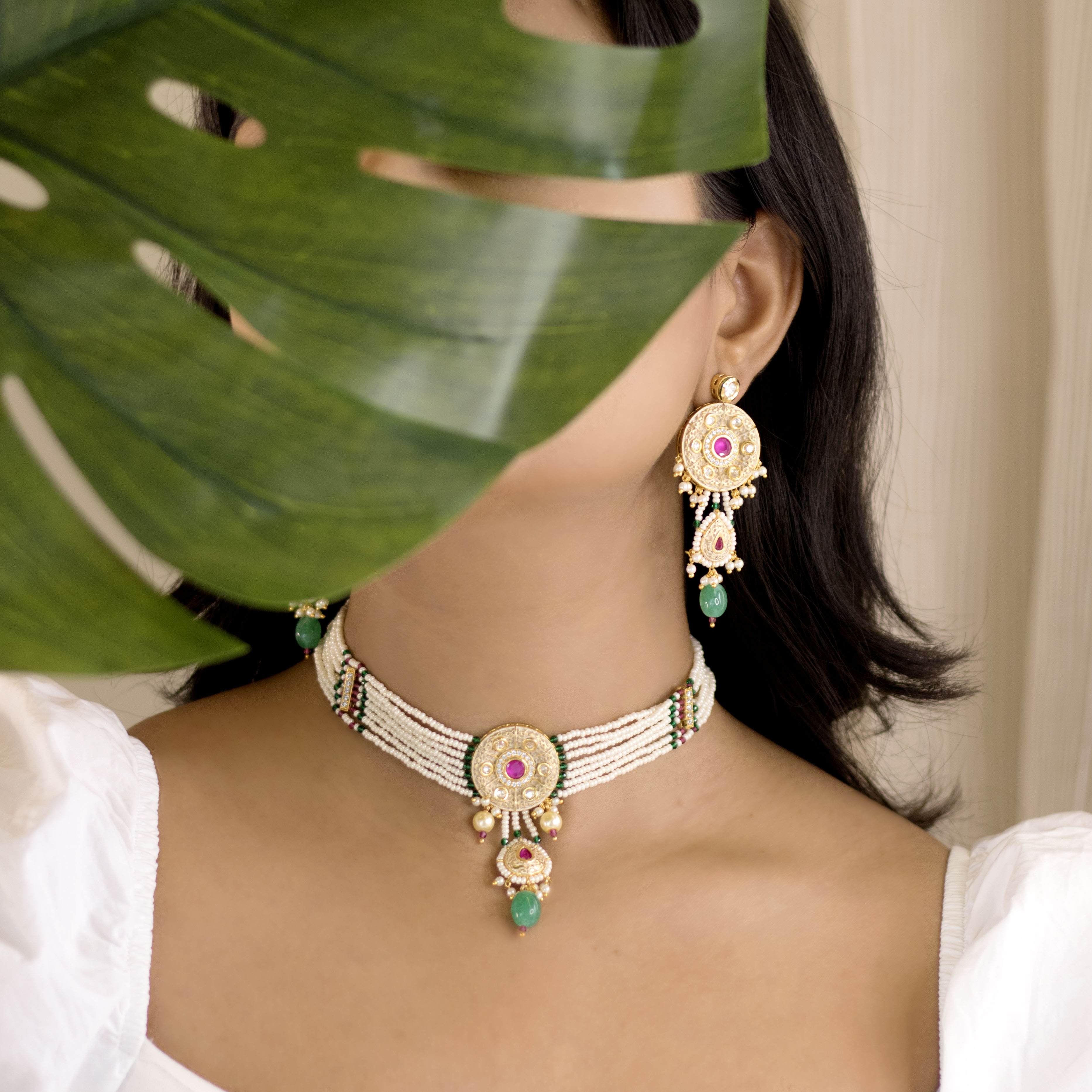 pearls beded , kundan , stones , jewellery set