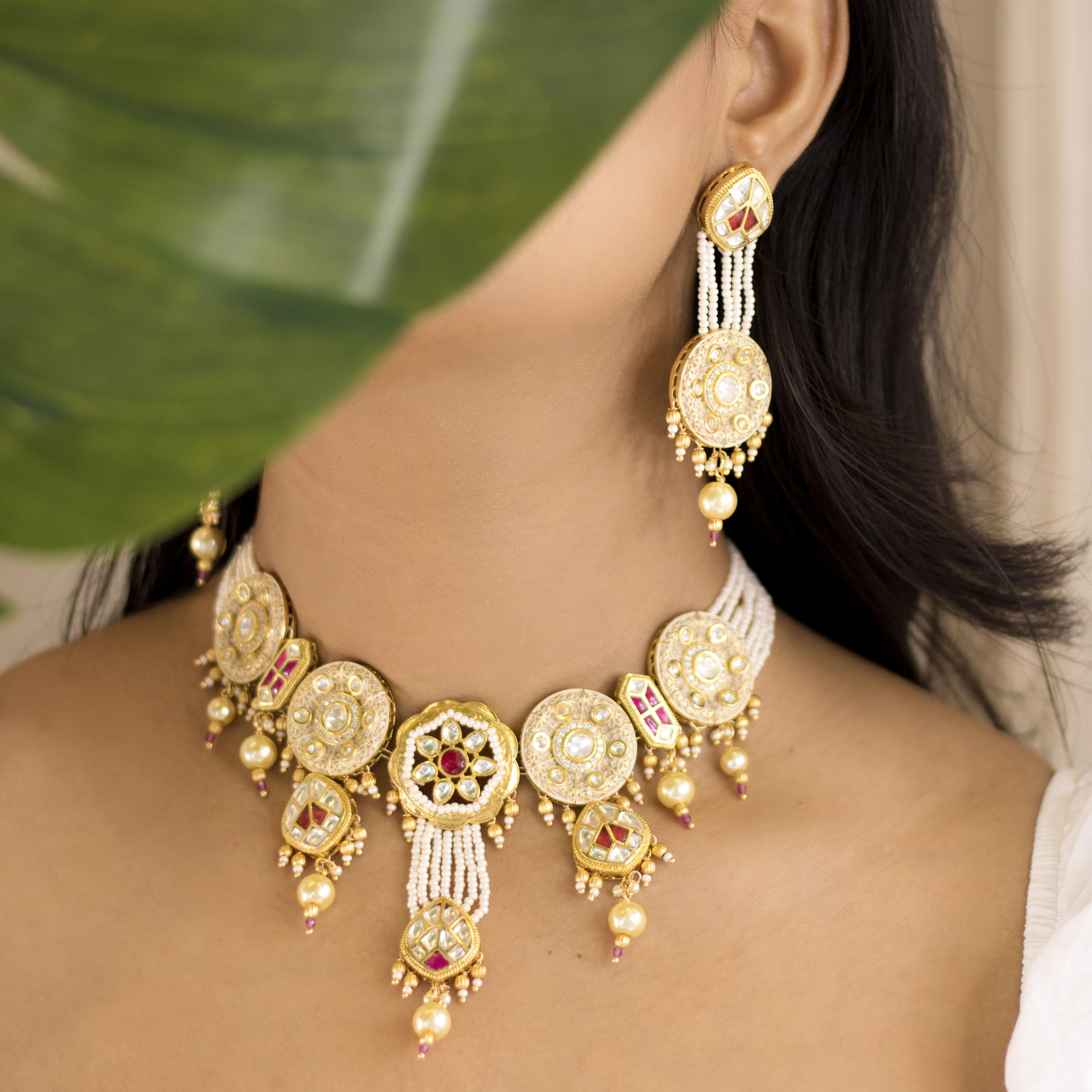 pearls beded , kundan , stones , meenakari , jewellery set