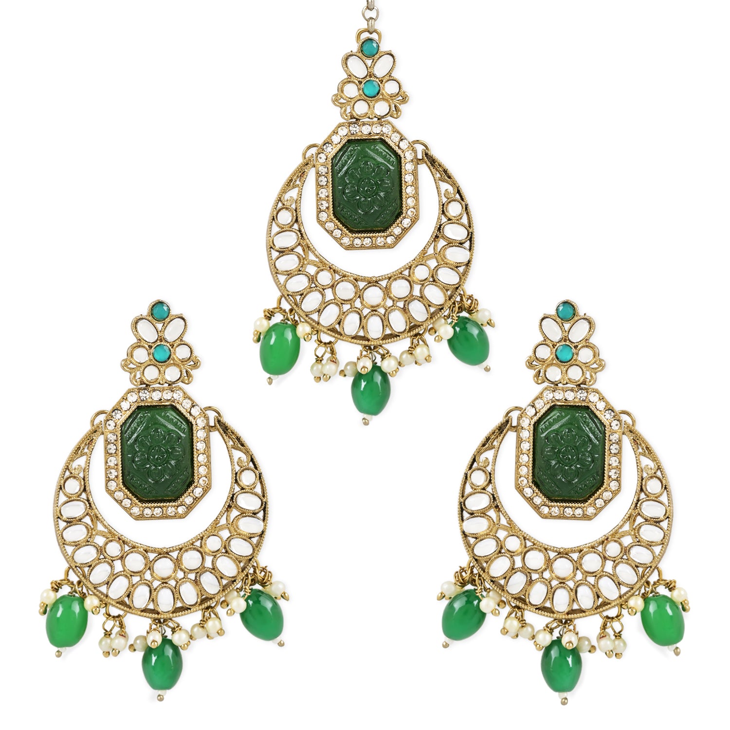 Ayra Green Maangtikka Earring Set