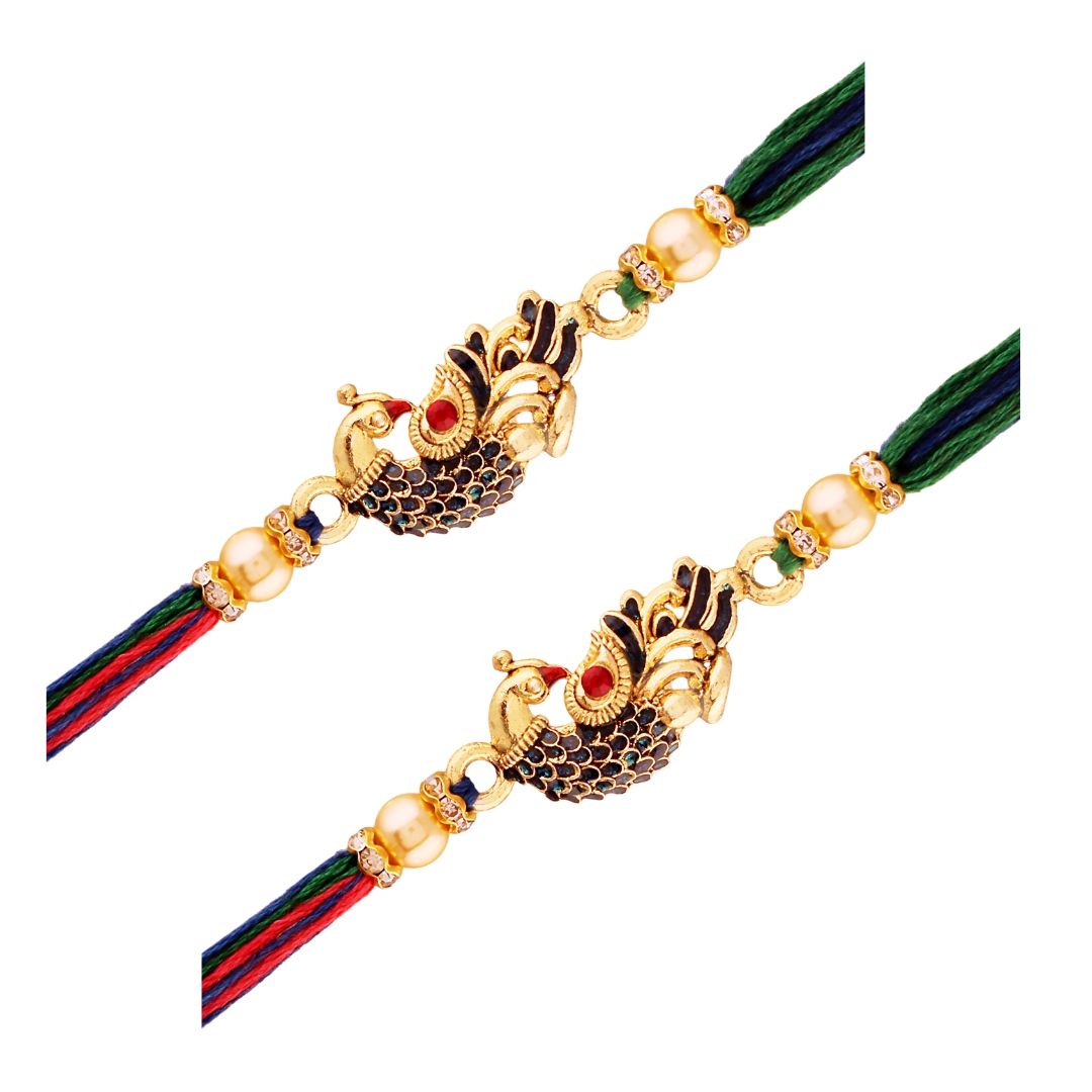 Gold Plated Designer CZ Pearl Multi-Colour Peacock Rakhi Combo For Men/Boys (R702-2) (Pack Of 2)