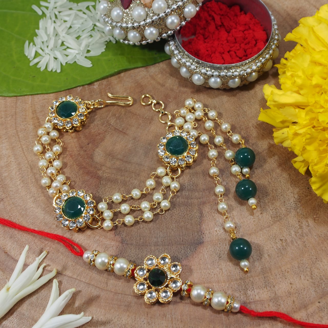 Antique Pearl Bhaiya Bhabhi Lumba Rakhi With Roli Chawal