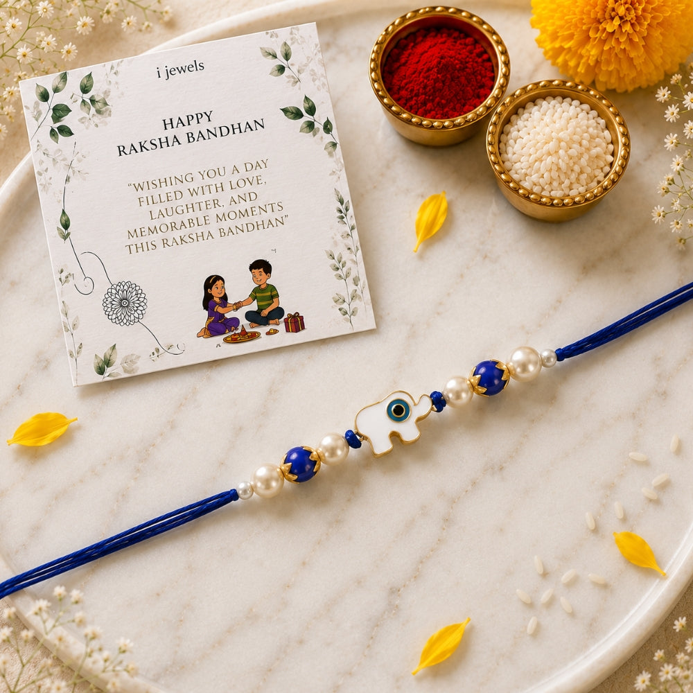 Elephant Shape Enamel Bhaiya Rakhi With Roli Chawal & Card