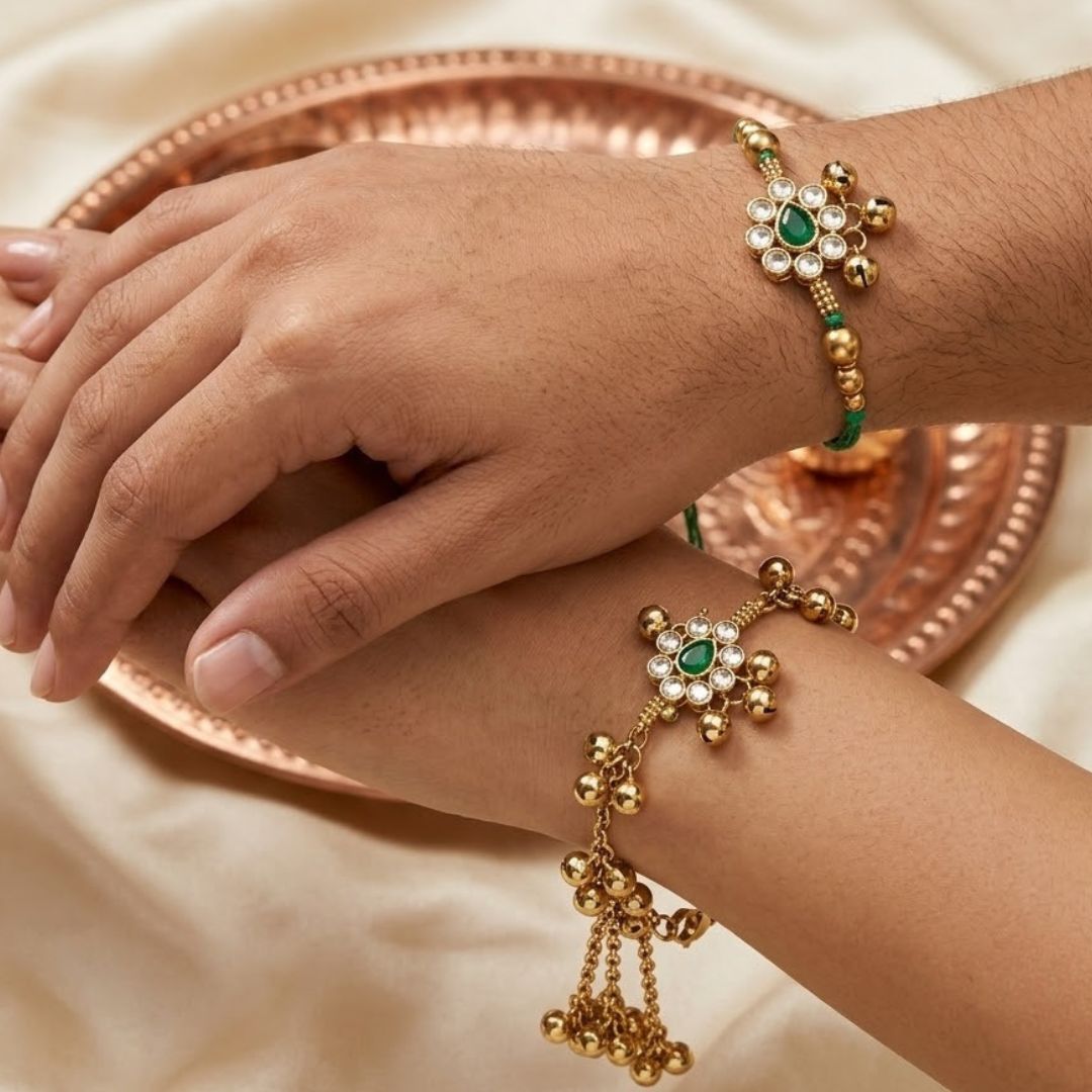 Traditional Kashmiri Ghungroo Bhaiya Bhabhi Lumba Rakhi With Roli Chawal & Rakshabandhan Card