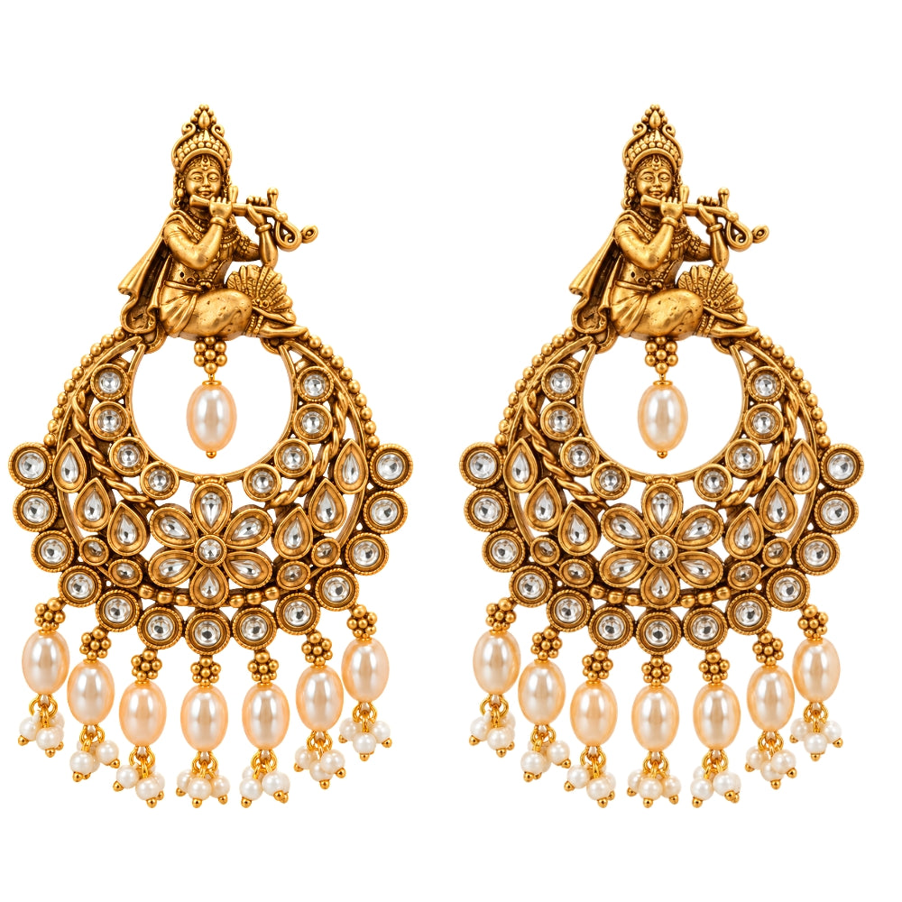 Ananda- Gold Krishna Pearl Drop Chandbali Earrings
