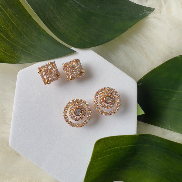 (Pack of 2) Rose Gold Cubic Zirconia Stud Earrings