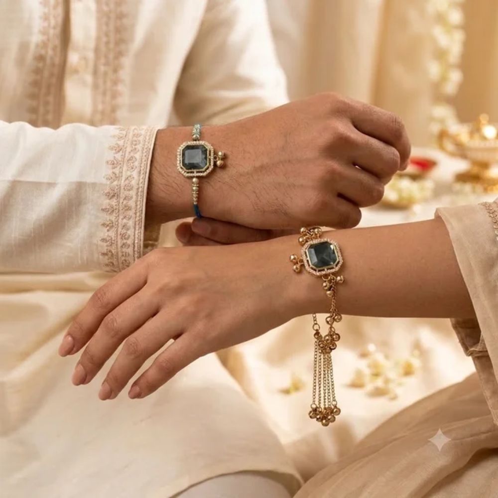 Royal Sapphire Kashmiri Ghungroo Bhaiya Bhabhi Lumba Rakhi with RoliChawal & Rakshabandhan Card