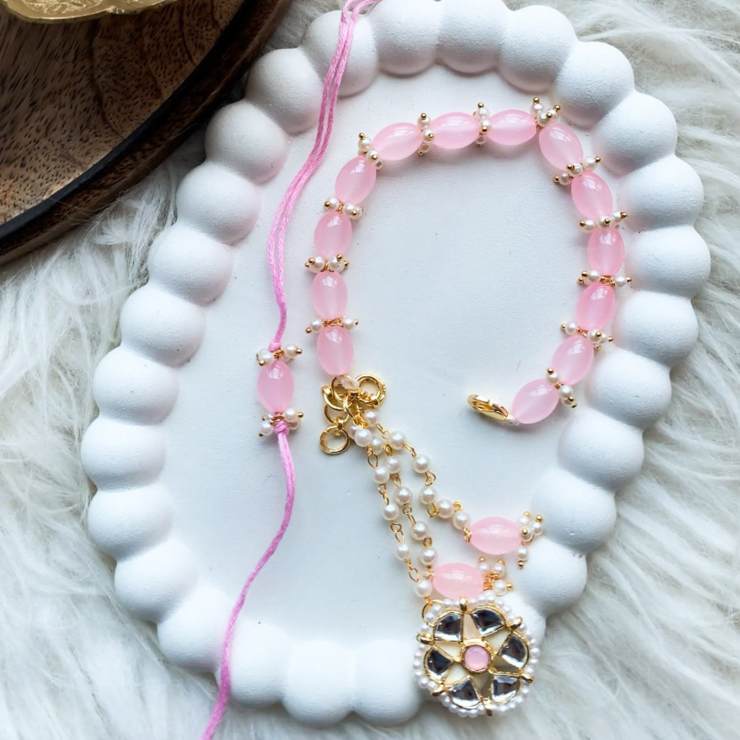 Pink Kundan Pearl Bhaiya Bhabhi Rakhi With Roli Chawal & Rakshabandhan Card