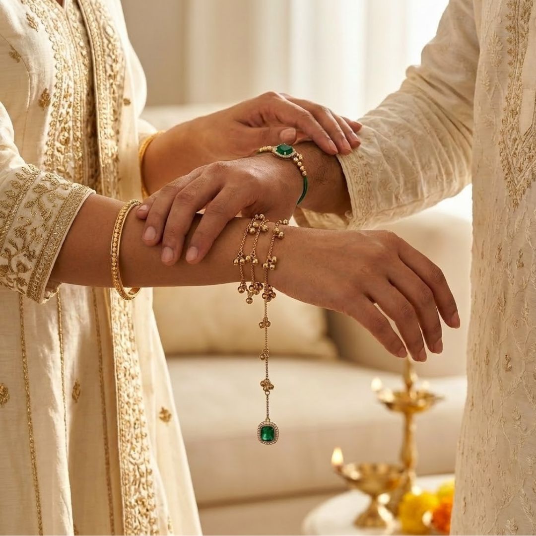 Emerald Kashmiri Ghungroo Bhaiya Bhabhi Wrap Around Lumba Rakhi With Roli Chawal & Card