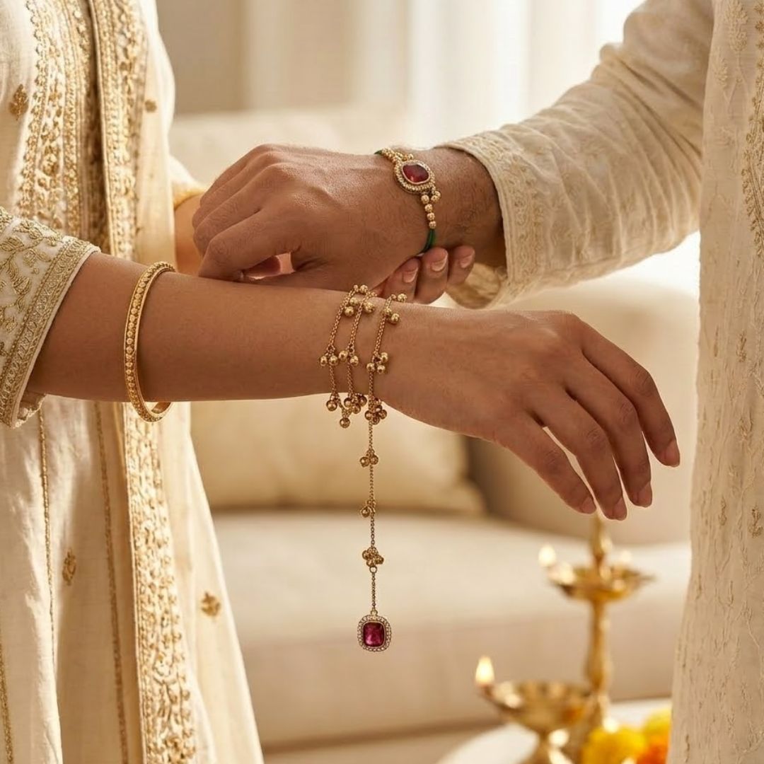 Traditional Kashmiri Ghungroo Bhaiya Bhabhi Wrap Around Lumba Rakhi With Roli Chawal & Card