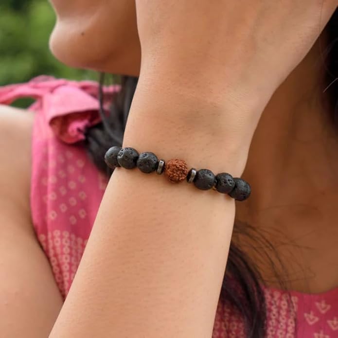 Unisex Spiritual Energy & Protection Bracelet - Rudraksha & Black Lava Stone
