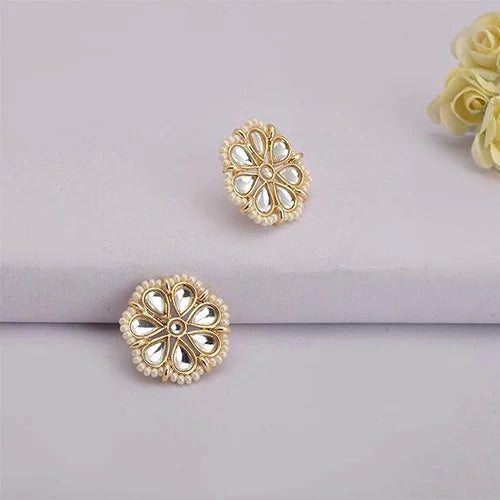 Kundan Stud Earrings with Beaded Pearl Ear Chains (Earring + Earchain Combo)