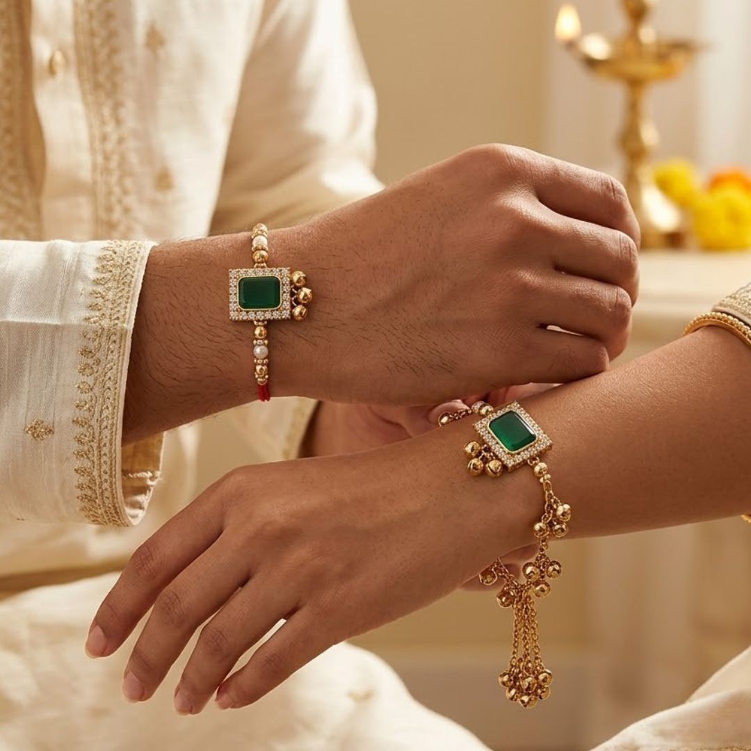 Designer Kashmiri Ghungroo Bhaiya Bhabhi Emerald Lumba Rakhi with Roli Chawal & Rakshabandhan Card