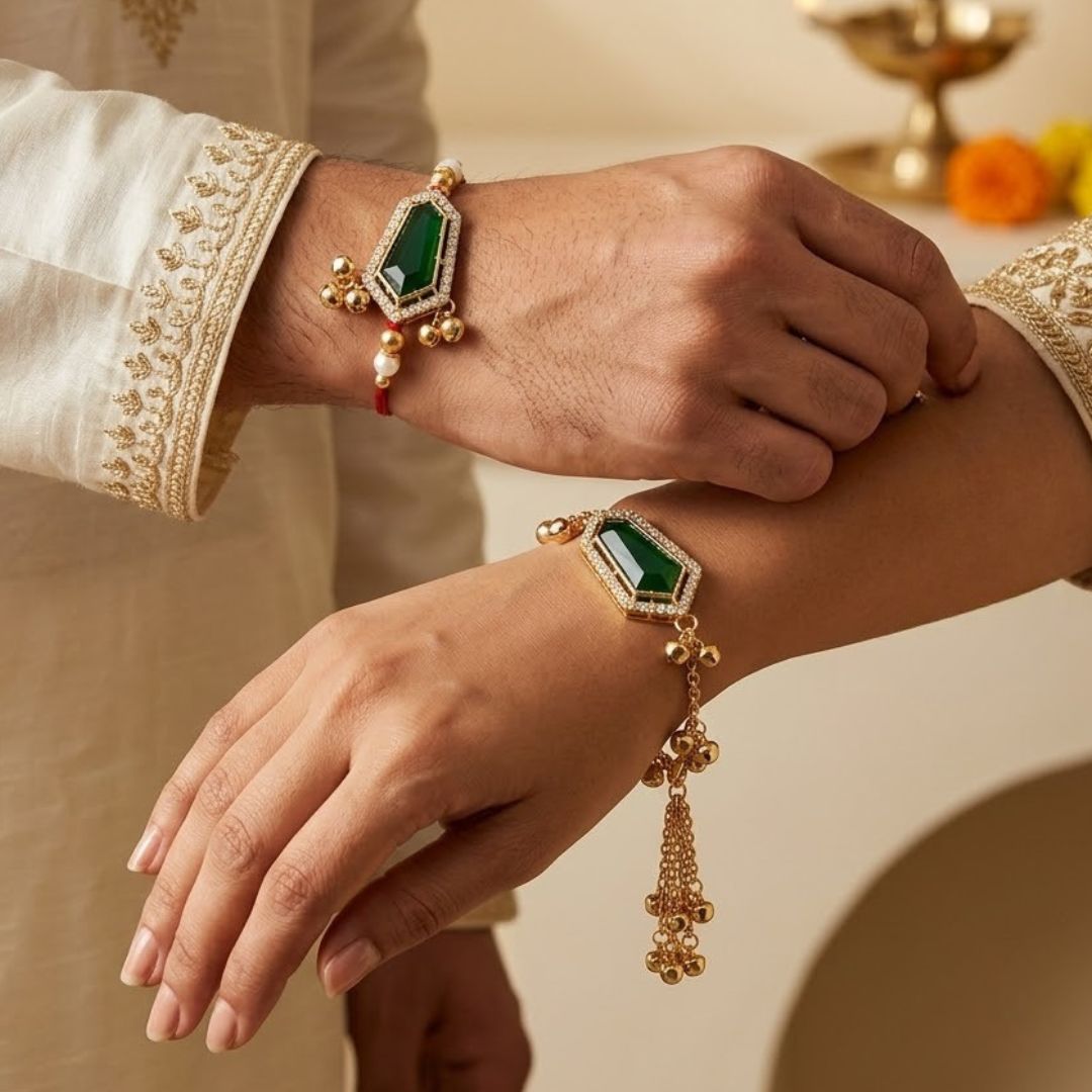 Emerald Grace Kashmiri Ghungroo Bhaiya Bhabhi Lumba Rakhi with Roli Chawal & Rakshabandhan Card