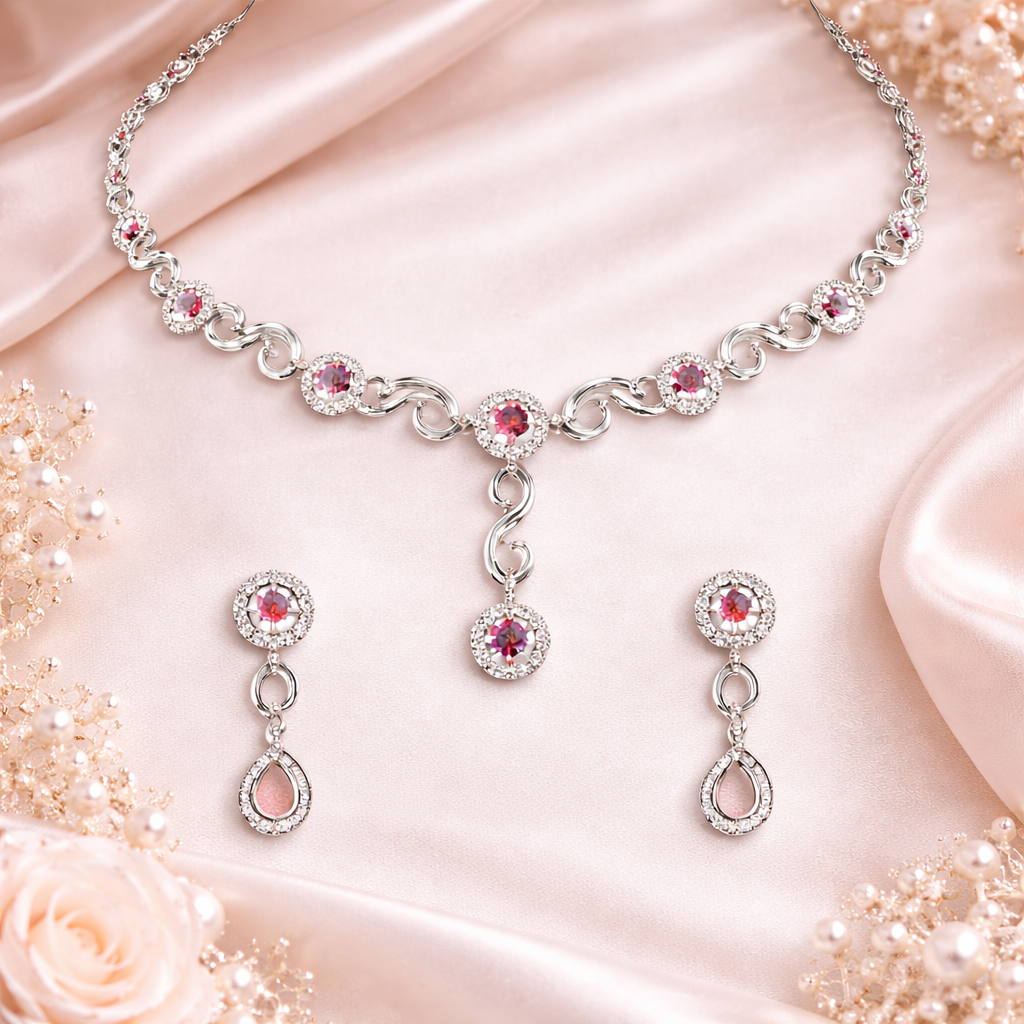 Aleena - Silver Pink Necklace Set