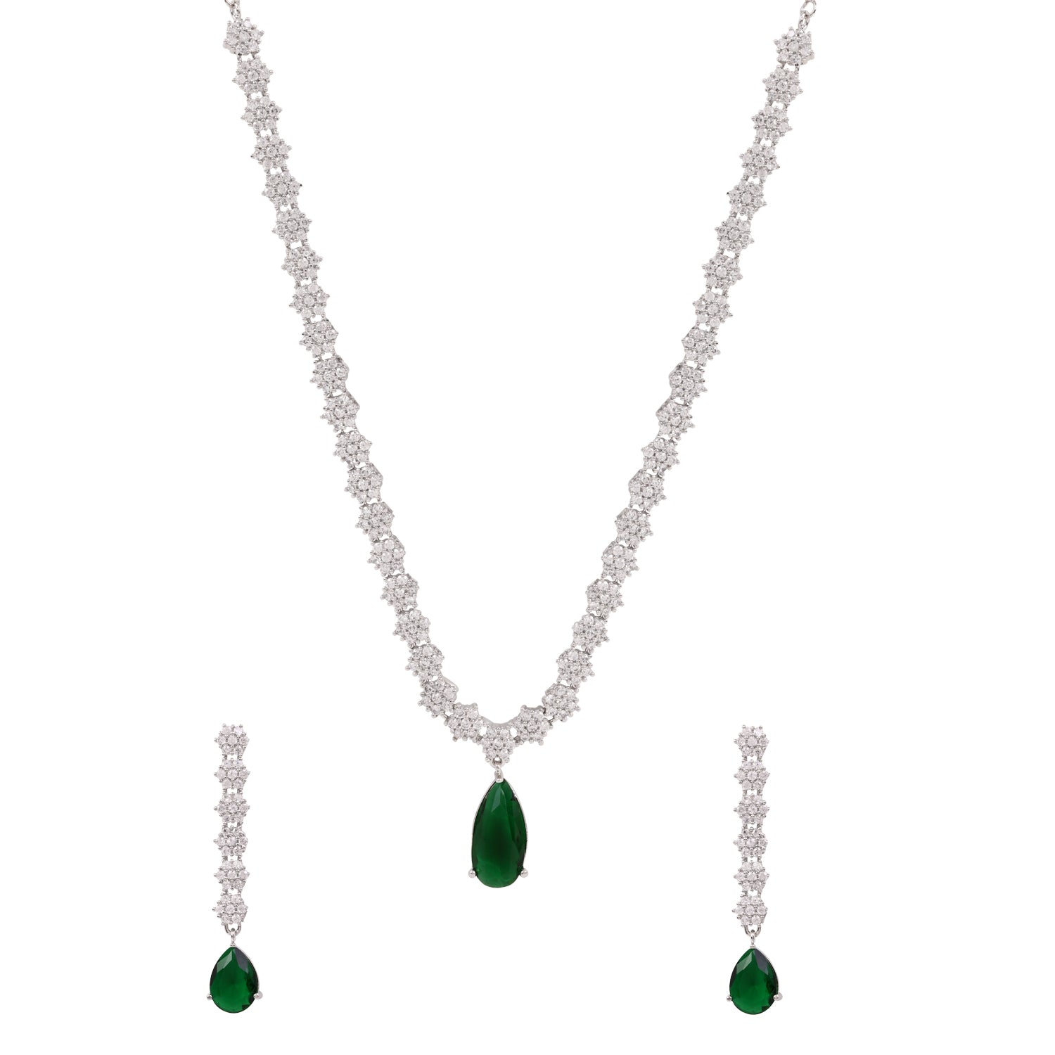 Dhanvi - Silver Green Necklace Set