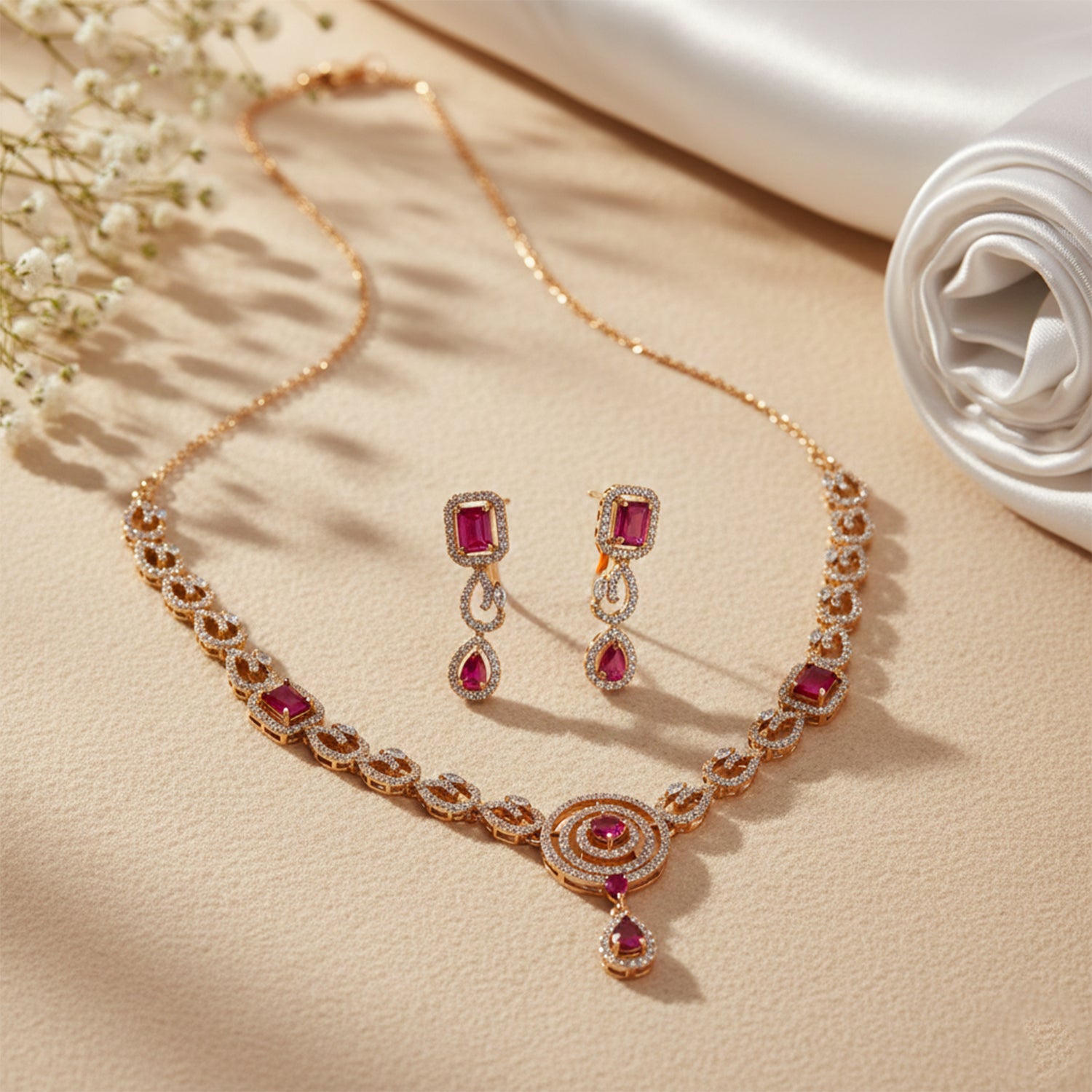 Millie- Ruby Necklace Set with American diamond Style detailing
