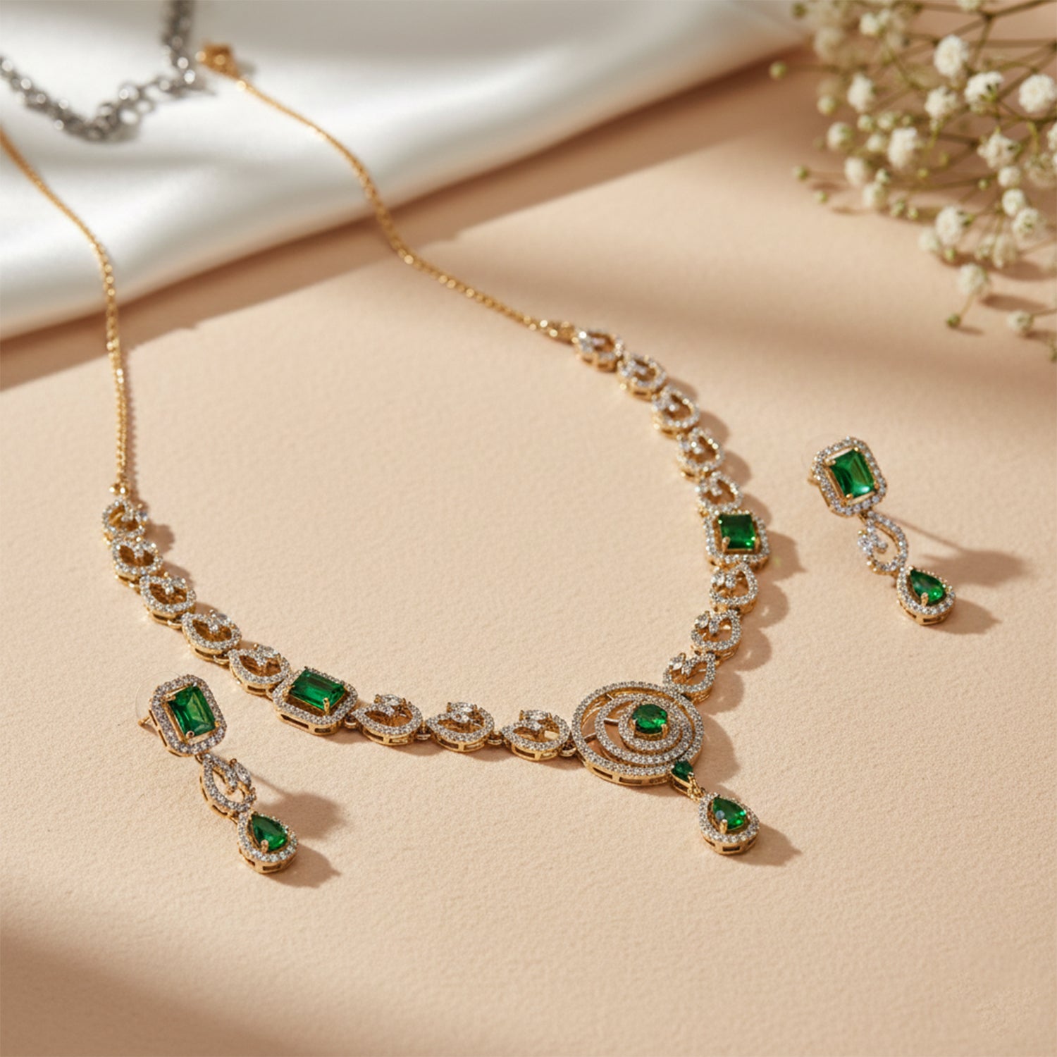 Millie- Emerald Elegance Gold Necklace Set with American Diamond-Style Detailing