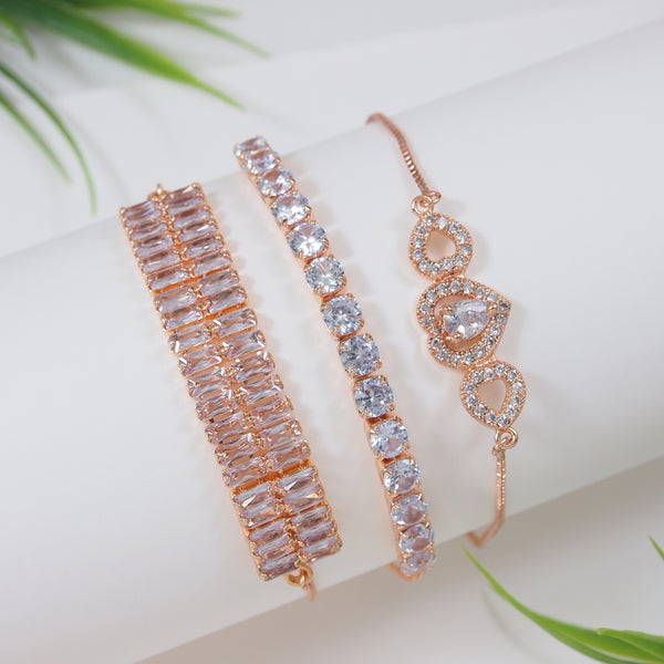 (Pack of 3) Rose Gold Cubic Zirconia Adjustable Bracelet