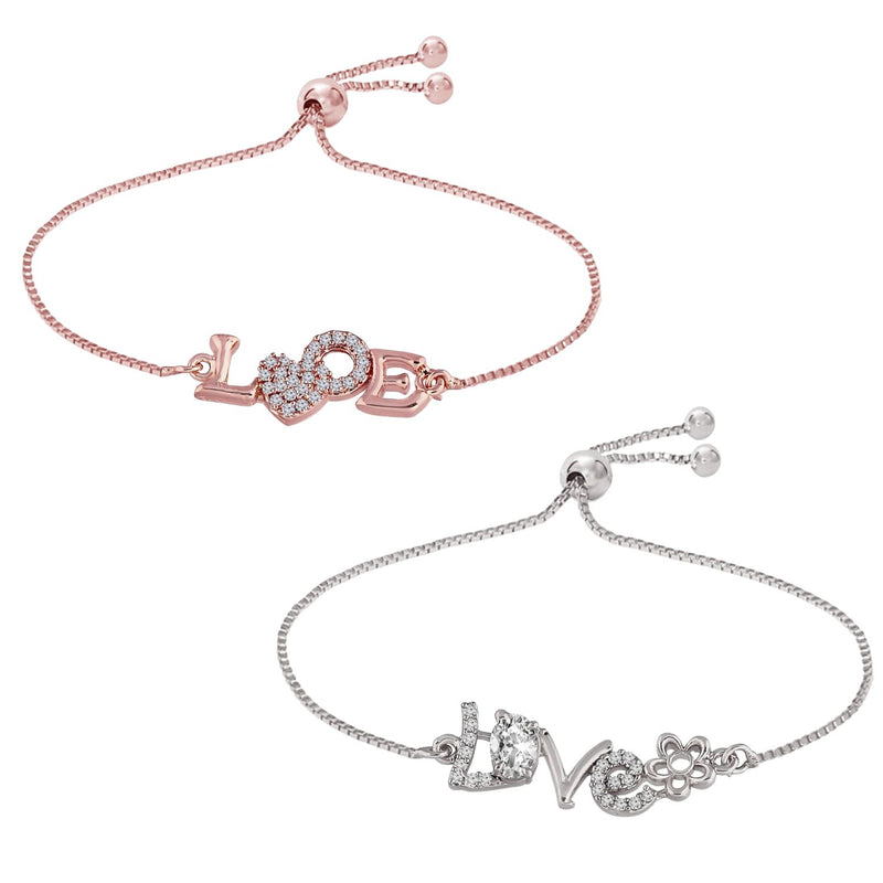 (Pack of 2) Rose Gold & Silver Plated Cubic Zirconia Adjustable Bracelet