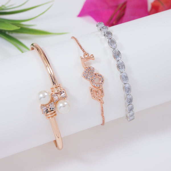 (Pack of 3) Rose Gold Cubic Zirconia Adjustable Bracelet